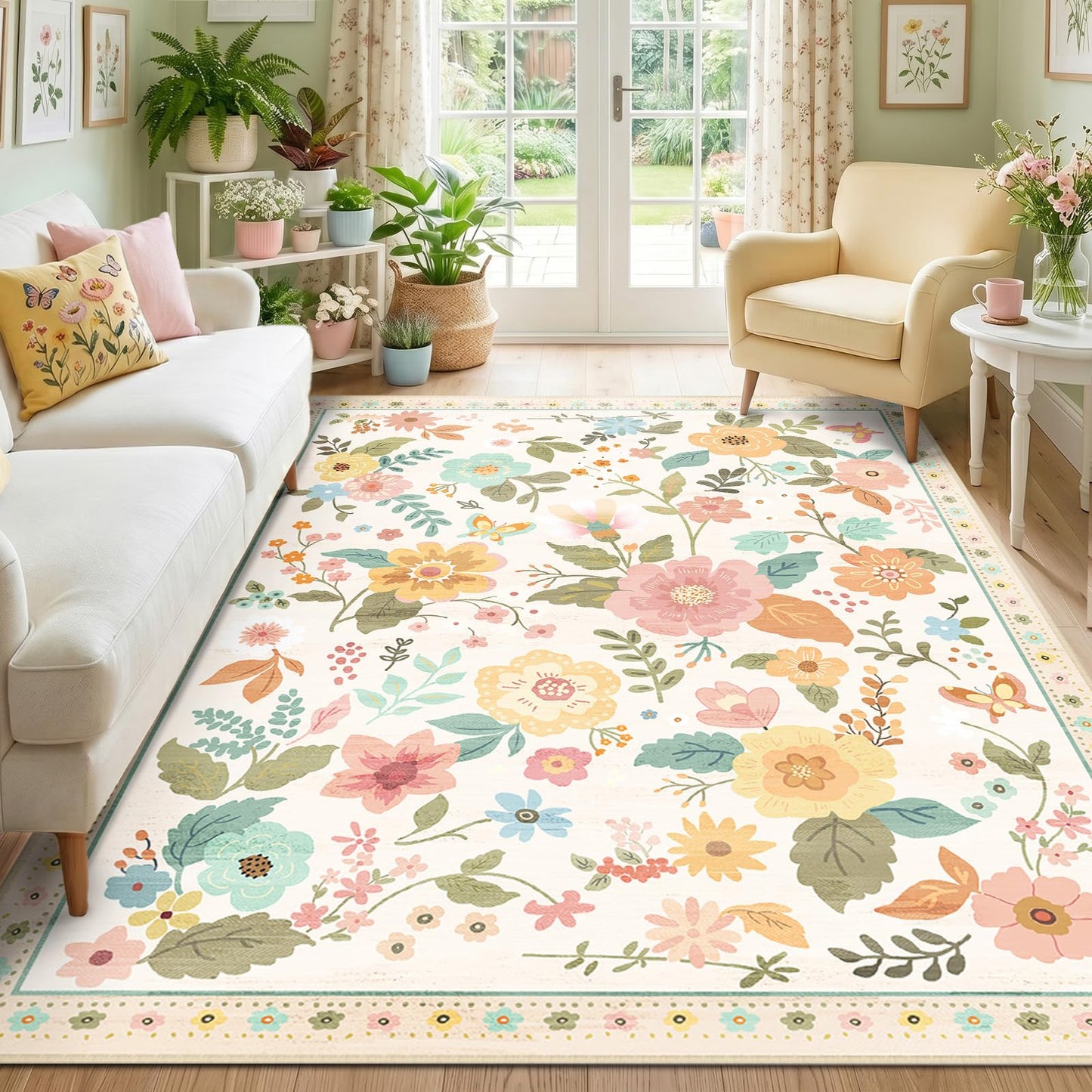 RELEANY Floral Washable 5x7 Area Rugs Black | Flower Carpet, Print, Boho, Non-Slip, Easy to Clean, Soft, Low Pile for Living Room Bedroom Kitchen Office Entryway Hallway