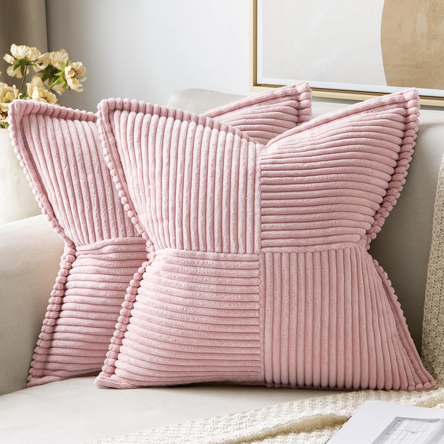 MIULEE Decorative Throw Pillow Covers for Couch 18x18 Inch Beige 2 Pack | Boho Broadside Striped Patchwork Pillow Covers, Soft Corduroy Cushion Cases, For Sofa Bed Livingroom Home Decor