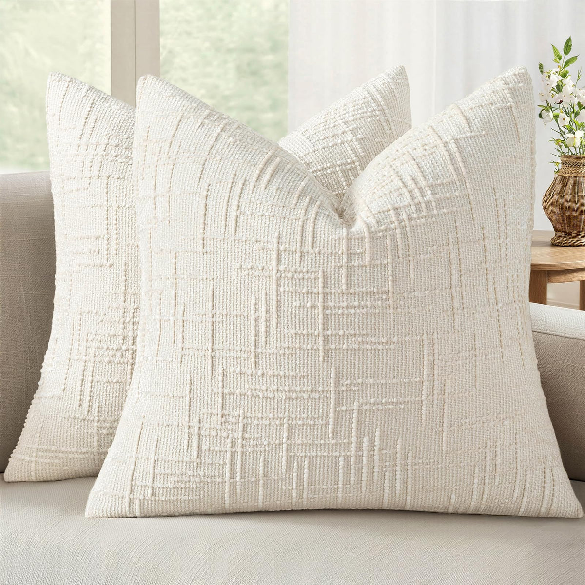 MIULEE Chenille Textured Throw Pillow Covers Cream White 18x18 Set of 2 | Slubby Decorative Pillows, Boho Farmhouse Home Decor, Modern Neutral Cushion Covers for Couch Sofa Bed Living Room