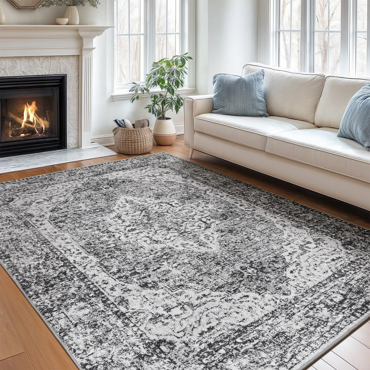 Lofus 5x7 Area Rugs for Living Room Bedroom, Soft Boho Carpet Floral Brown | High-Power Vacuuming, Non-Slip, Low Pile, Stain & Water Repellent, Soft, Skin-Friendly, for Kitchen Entryway Office