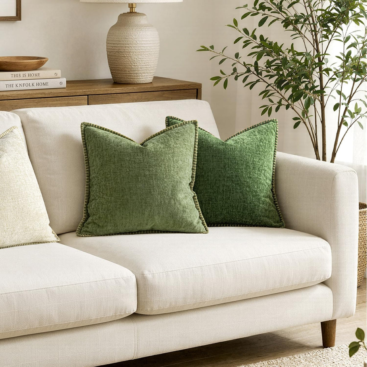 MIULEE Decorative Couch Throw Pillow Covers 18x18 Inch Sage Green 2 Pack | Farmhouse Pillow Covers with Stitched Edge, Soft Chenille Cushion Cases, for Sofa Bed Living Room Home Decor