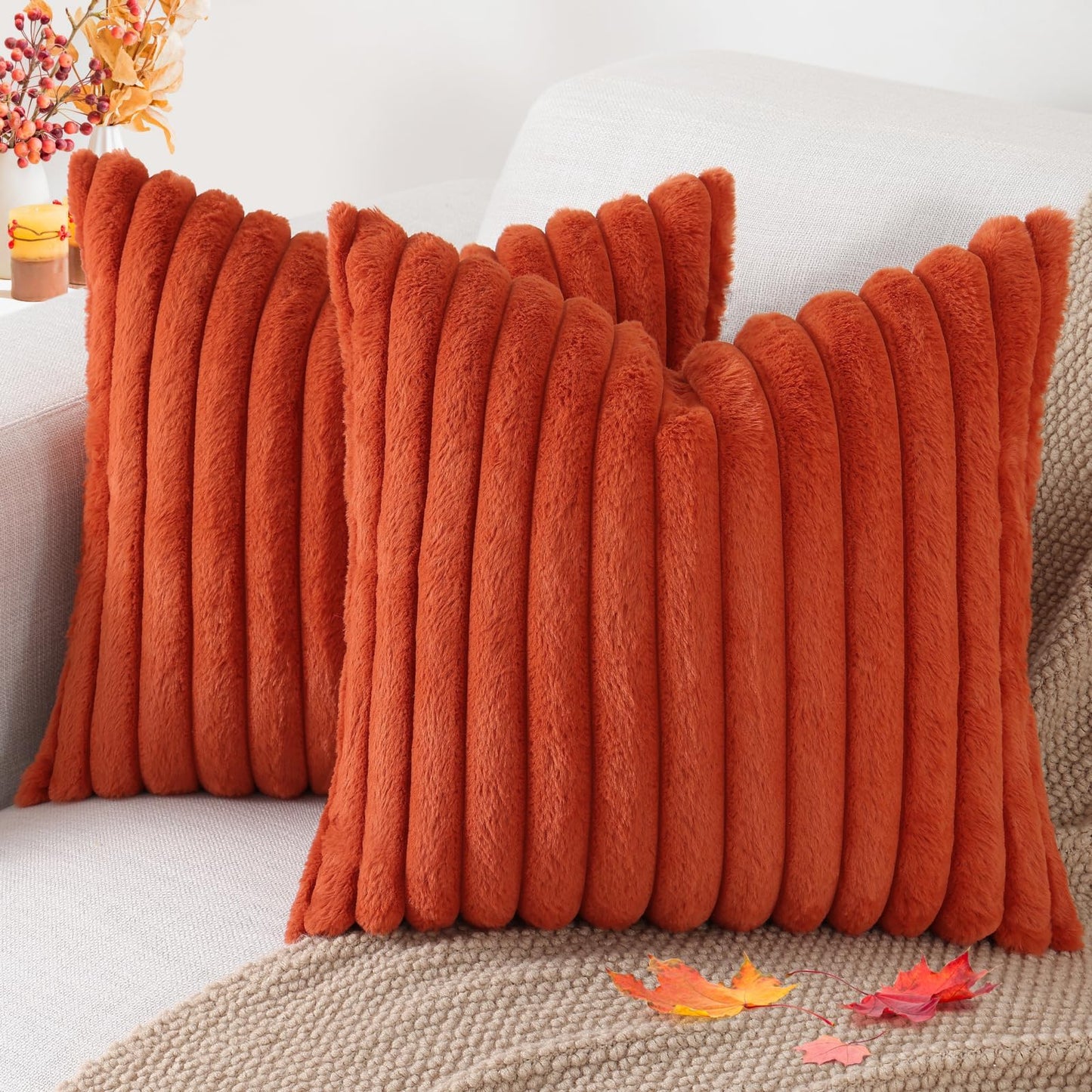 Pallene Faux Fur Decorative Throw Pillow Covers 18x18 Set of 2, Cream White | Luxury Plush Texture, Striped Design, Cozy Soft Touch, Modern Home Accent Decor for Couch, Sofa, Bed, Living Room