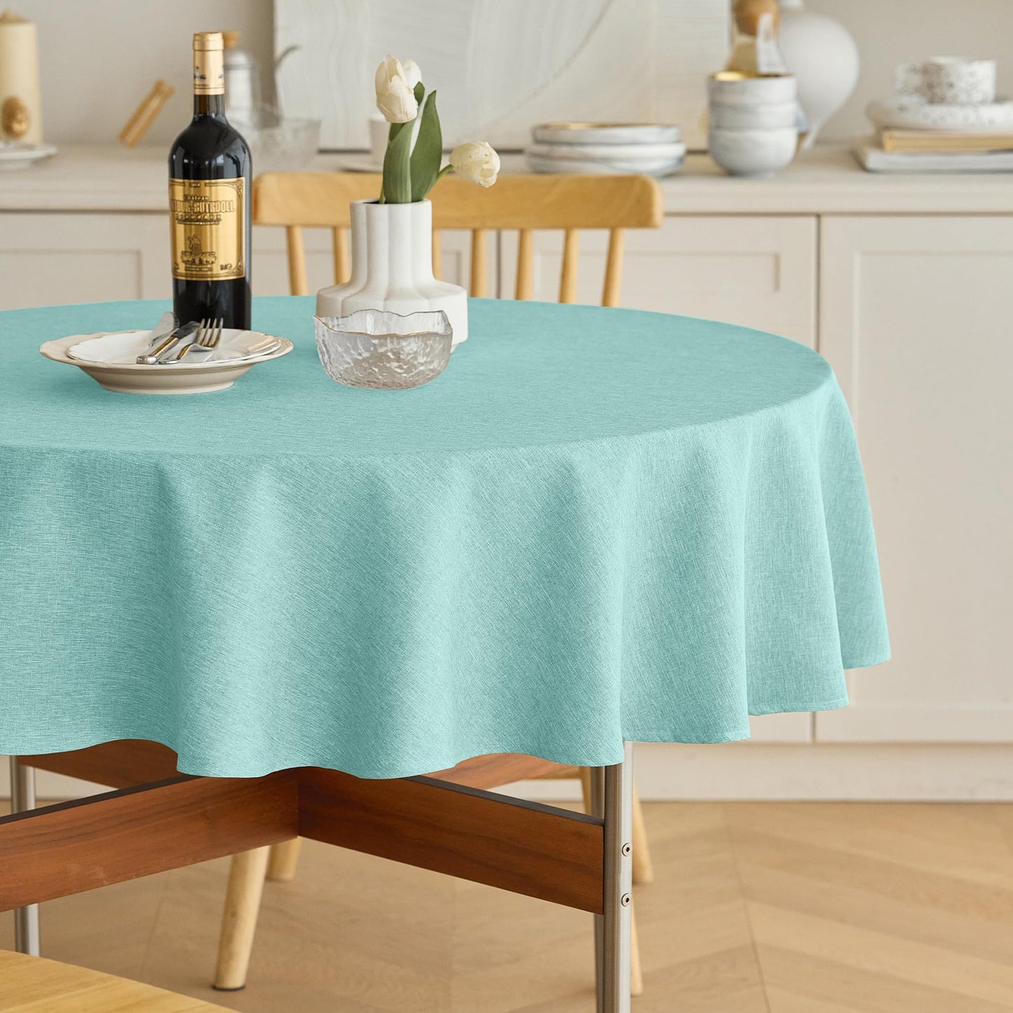 Decorelia Faux Linen Round Tablecloths 60 inch, Waterproof Decorative Washable Texture Rustic Circle Table Cloth Cover for Dining Kitchen Party Farmhouse Outdoor(Round (2-4 Seats),Sage Green)