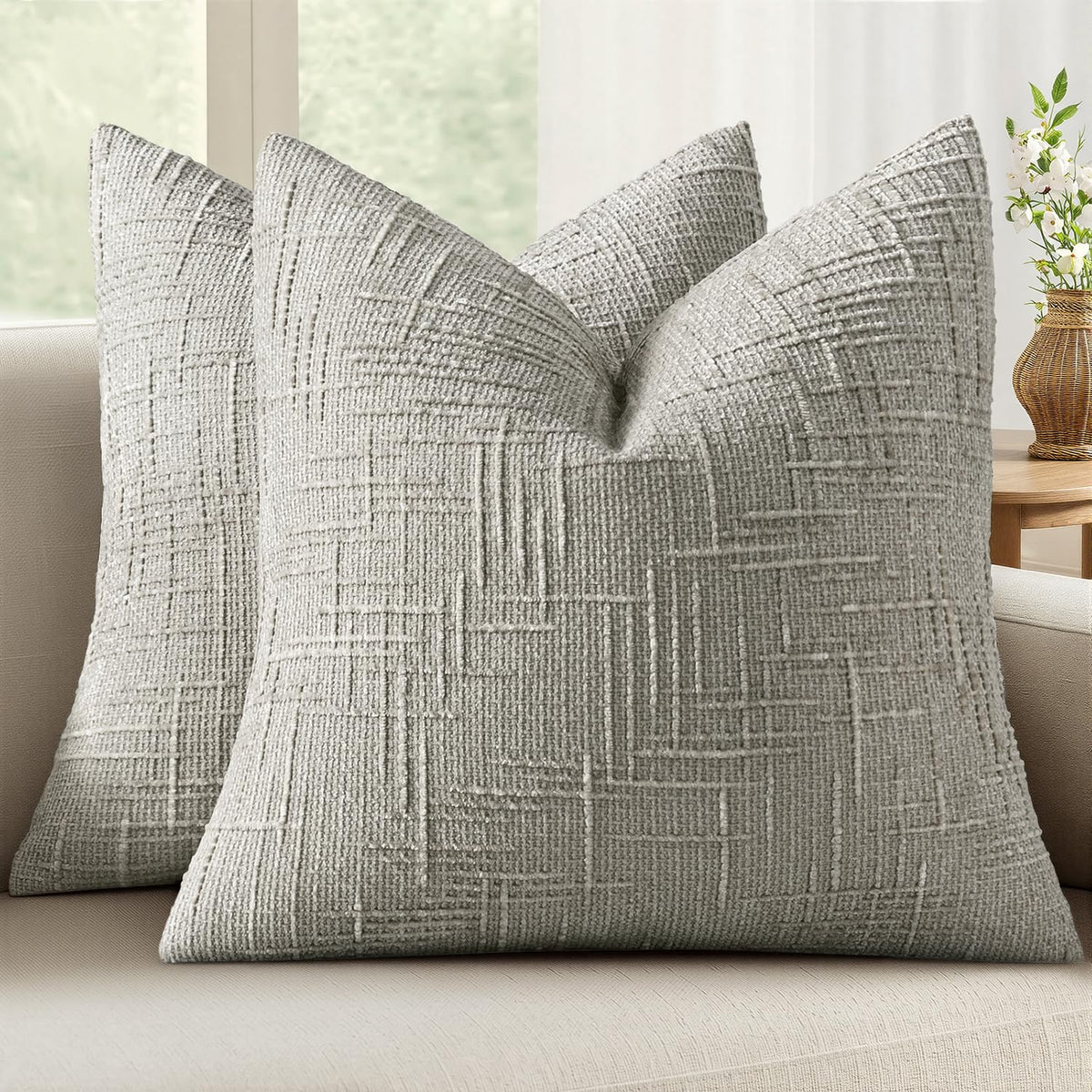 MIULEE Chenille Textured Throw Pillow Covers Cream White 18x18 Set of 2 | Slubby Decorative Pillows, Boho Farmhouse Home Decor, Modern Neutral Cushion Covers for Couch Sofa Bed Living Room