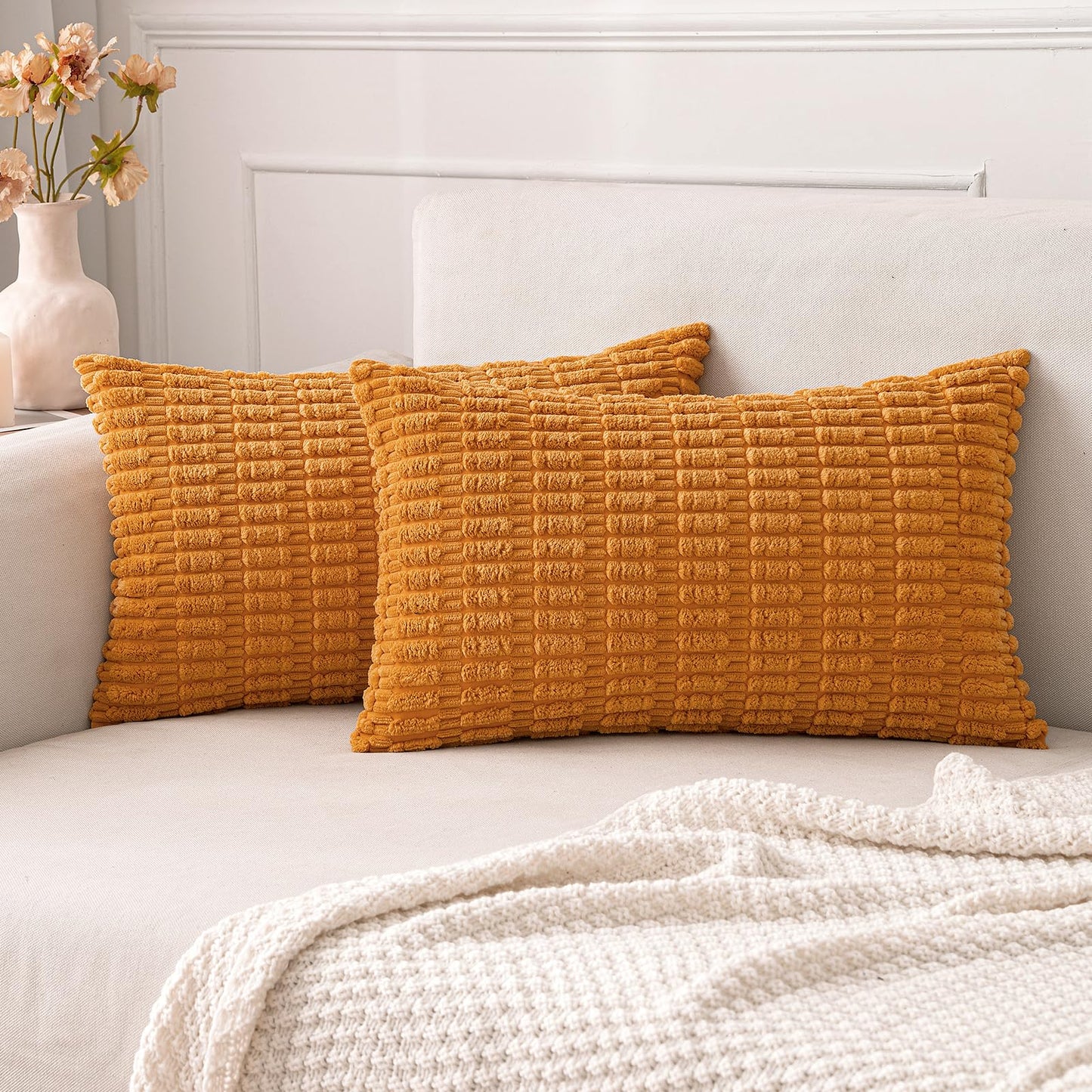 MIULEE Corduroy Decorative Throw Pillow Covers 18x18 Cream White Pack of 2 | Soft Boho Striped Pillow Covers Modern Farmhouse Home Decor For Sofa Living Room Couch Bed