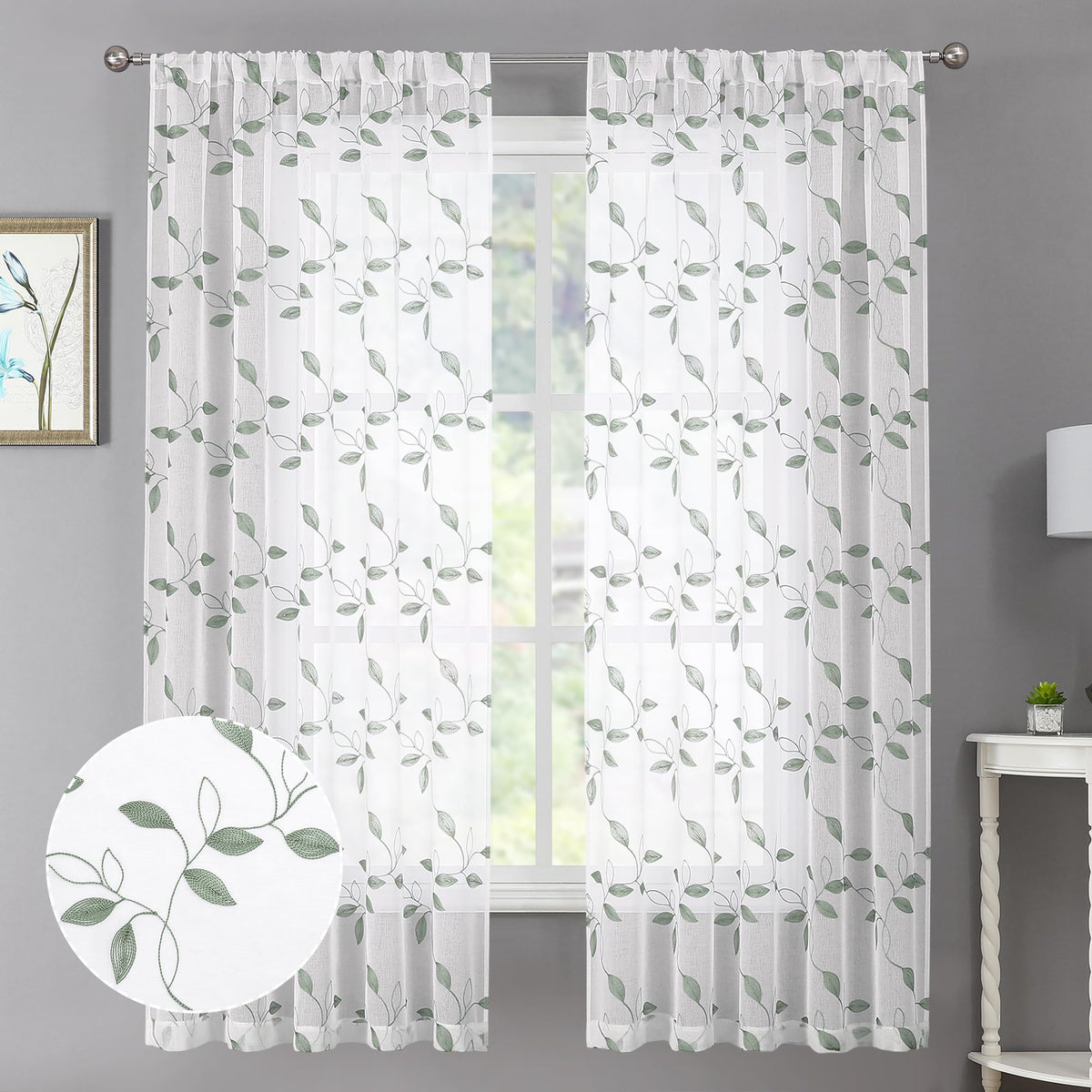 Tollpiz White Leaf Sheer Curtains Bedroom 54 x 84 Inches | Leaves Embroidered Curtain Rod Pocket Voile Window Treatment for Living Room, Set of 2 Panels