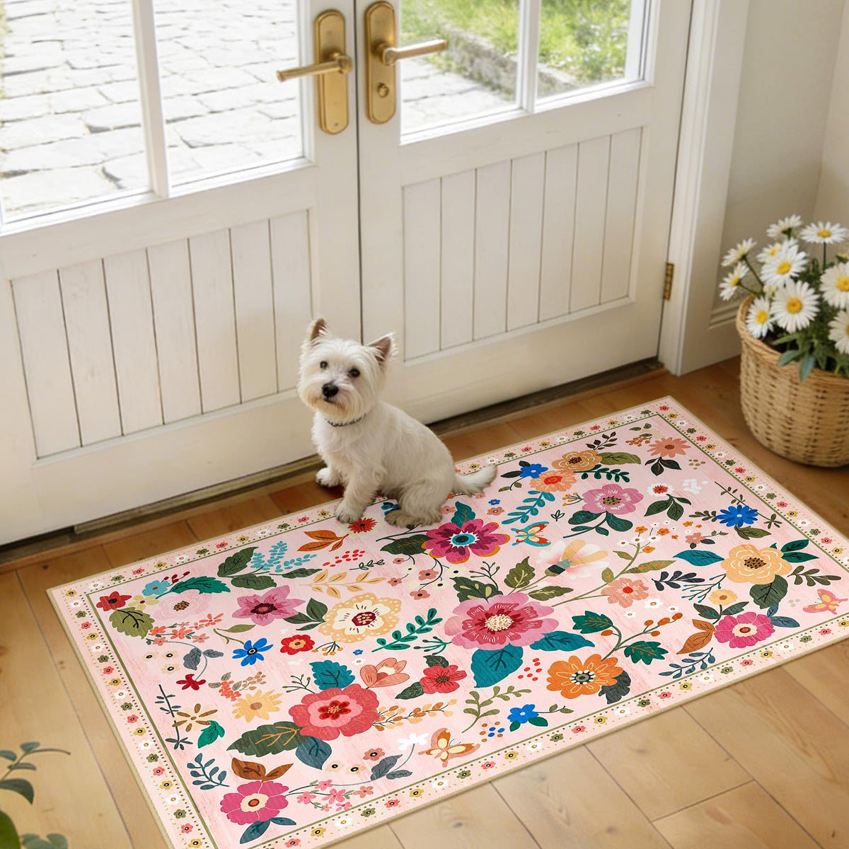 RELEANY Floral Washable 5x7 Area Rugs Black | Flower Carpet, Print, Boho, Non-Slip, Easy to Clean, Soft, Low Pile for Living Room Bedroom Kitchen Office Entryway Hallway