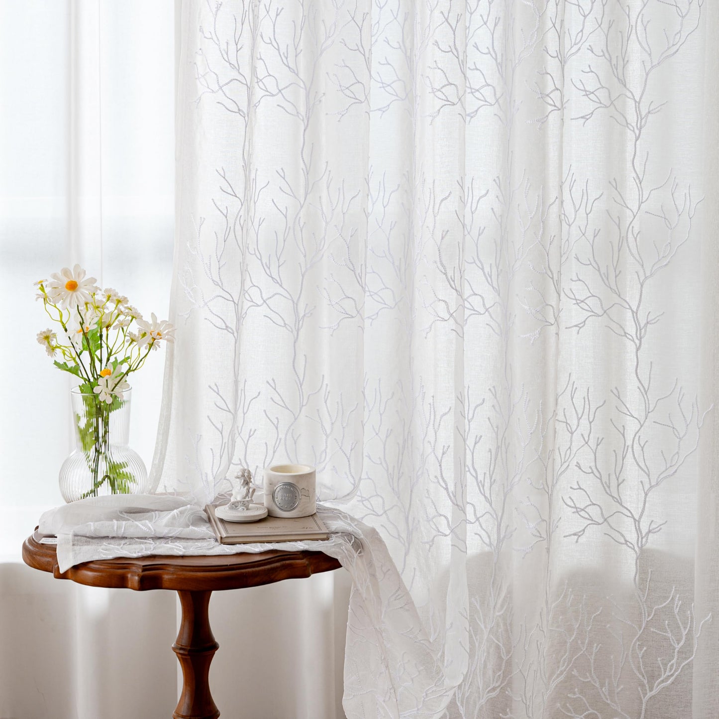 Sheer Curtains Boho Leaf Floral Embroidered Cream Beige 54Wx84L | Light Filtering Semi Sheer Voile Curtains With Design, Rod Pocket Window Drapes for Bedroom Living Room 2 Panels