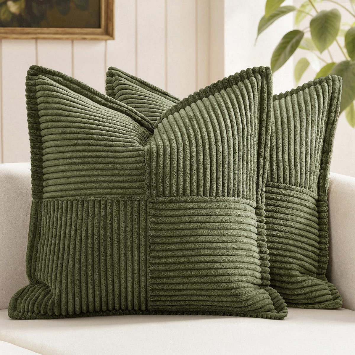 MIULEE Decorative Throw Pillow Covers for Couch 18x18 Inch Beige 2 Pack | Boho Broadside Striped Patchwork Pillow Covers, Soft Corduroy Cushion Cases, For Sofa Bed Livingroom Home Decor
