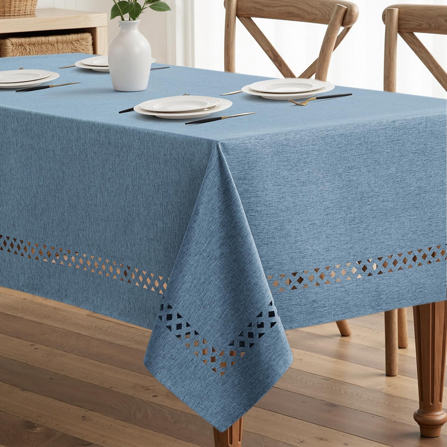 MIULEE Beige Rectangle Tablecloth with Decorative Cutouts 52x70 Inch | Waterproof Stain Resistant & Shrink-Proof Table Cloth, Farmhouse Style, for Dining Wedding Kitchen Party Outdoor