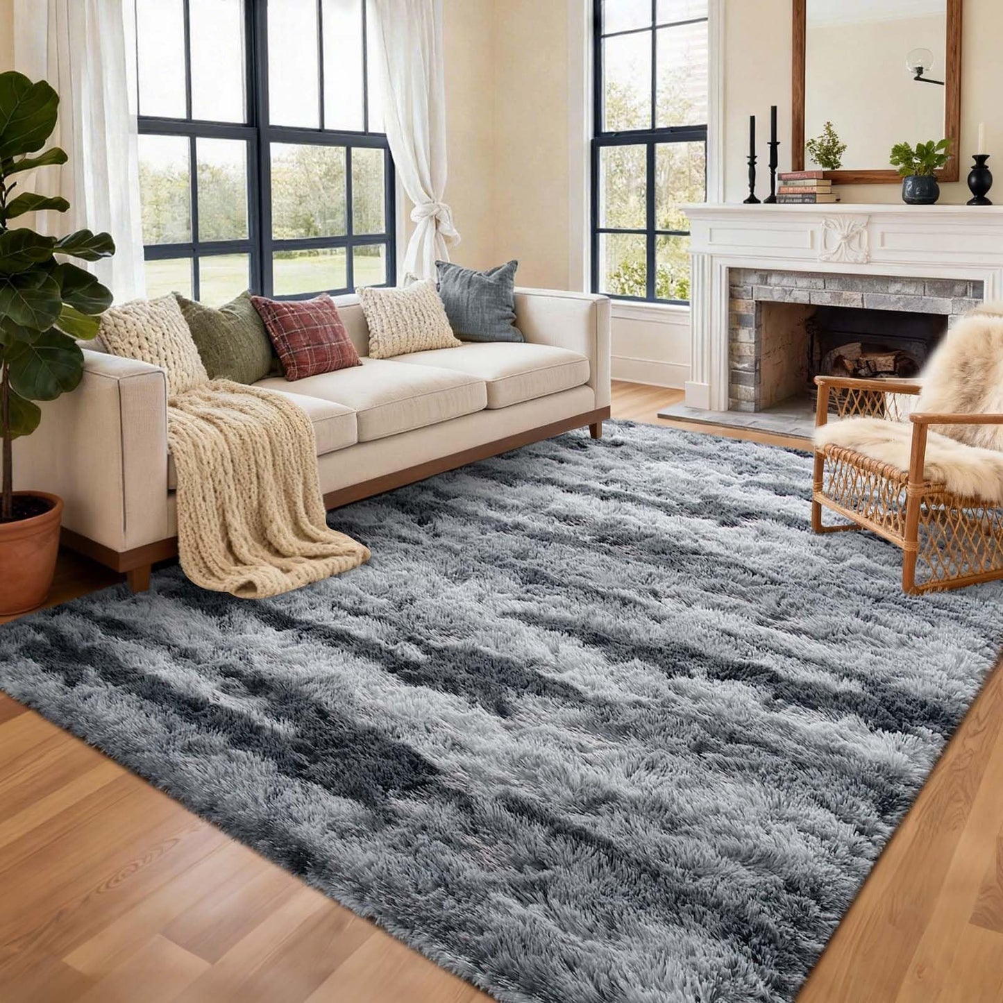6x9 Ft Large Shag Rugs for Living Room Decor, Tie-Dyed Ultra Soft Fluffy Furry Area Rugs for Bedroom Indoor Floor, Aesthetic Carpet for Kids Home (Dark Grey)
