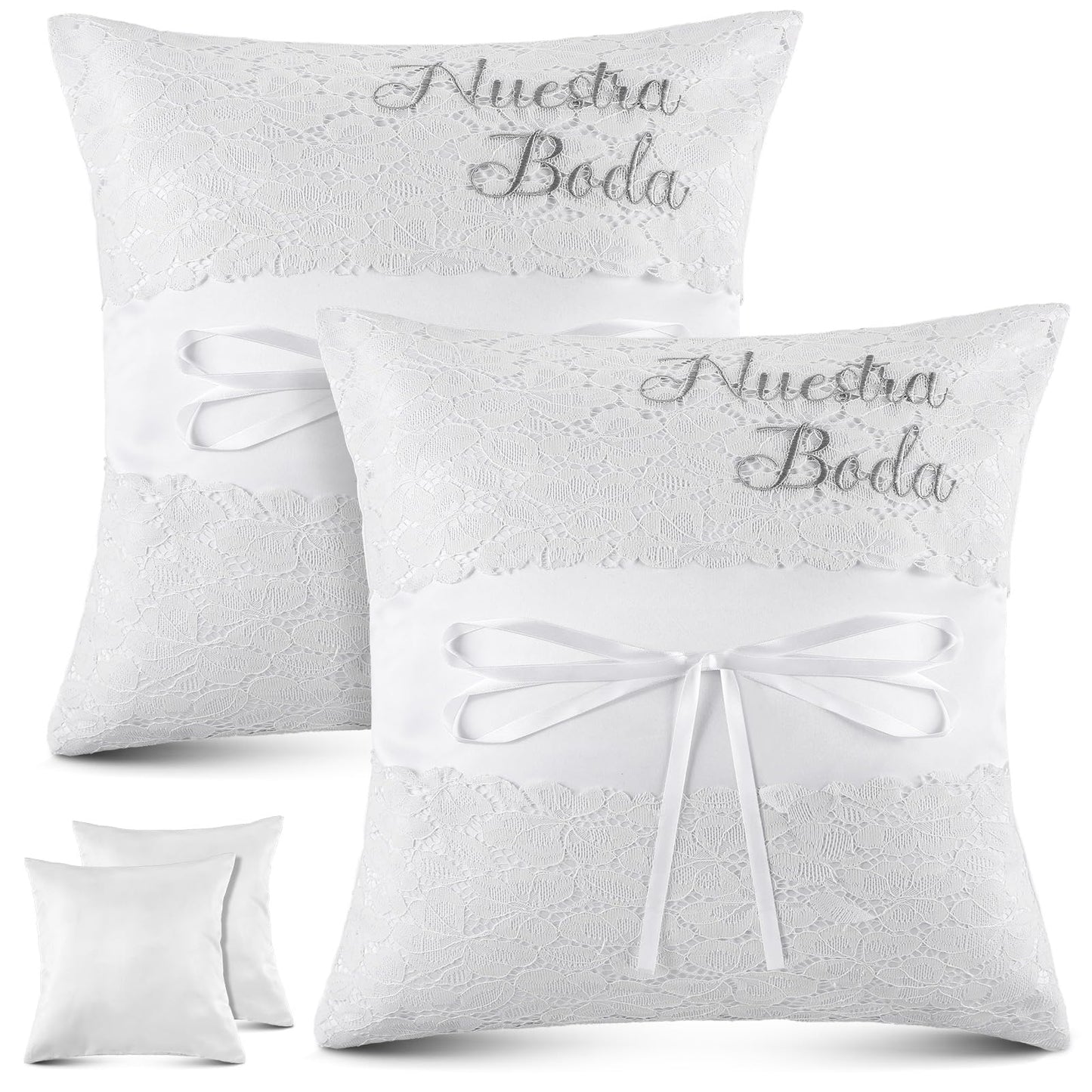Mixweer 2pcs Wedding Embroidered Kneeling Pillows Nuestra Boda 18 x 18 Inch Embroidered Prayer Pillow Satin and Lace Kneeling White/Silver, Cojines para Boda, Decoracion (18",Without Pillow)