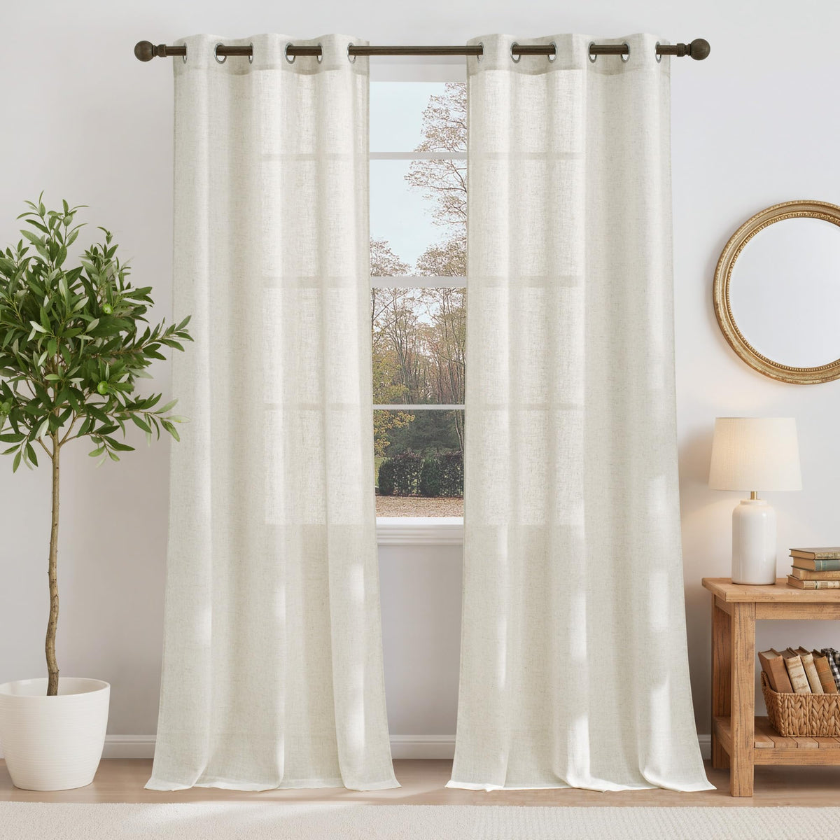 NICETOWN White Sheer Linen Curtains for Living Room 84 inch Length 2 Panels Set, Grommet Semi Sheer Privacy with Light Filtering Flax Window Treatments for Bedroom, W52 x L84