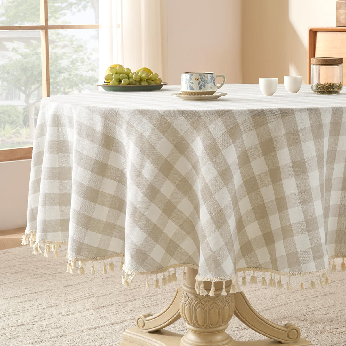 Softalker Outdoor Checkered Tablecloth, Linen Cotton Gingham Table Cloths for 6 Foot Rectangle Tables with Tassel, Heavy Duty Wrinkle Free Plaid Table Cover for Picnic Camping - 55 x 84 Inch, Sage