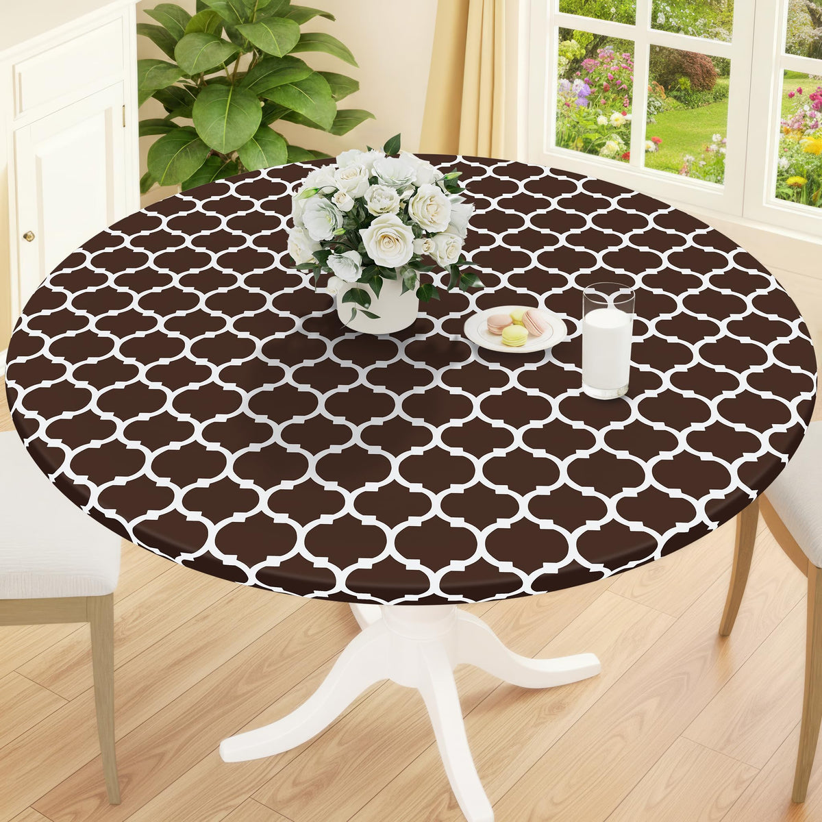 Smiry Round Picnic Tablecloth, Waterproof Elastic Fitted Table Covers for 45" - 56" Tables, Wipeable Flannel Backed Vinyl Tablecloths for Camping, Indoor, Outdoor, Grey & White