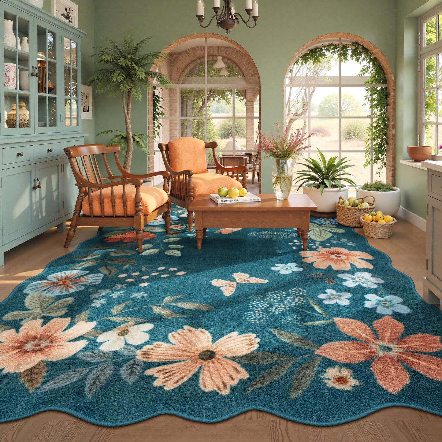 Lahome Floral Washable Living Room Rug, 5x7 Area Rugs for Bedroom Soft | Dining Room Rug Ultra-Thin Non Slip Stain Resistant Boho Low-Pile Throw Carpet for Office Flore (5x7ft, Beige)