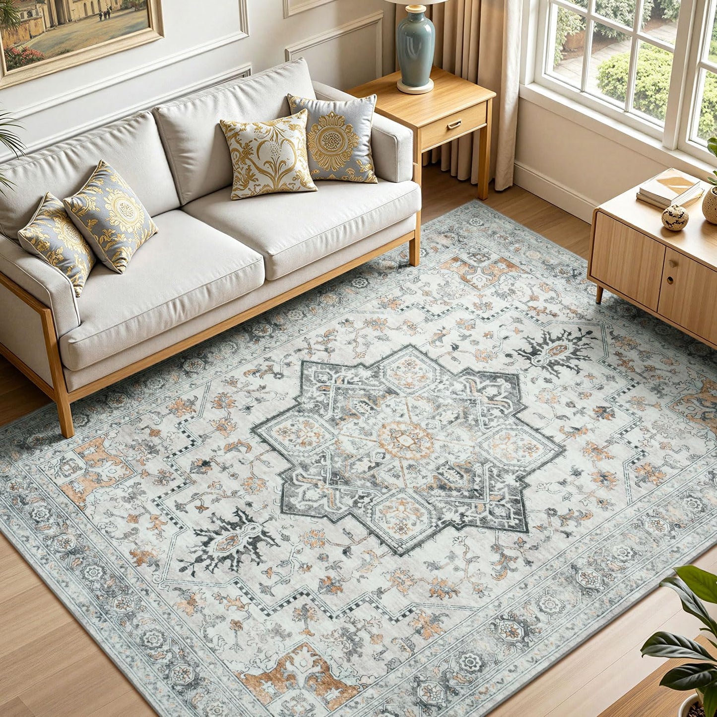 Lofus 5x7 Area Rugs for Living Room Bedroom, Soft Boho Carpet Floral Brown | High-Power Vacuuming, Non-Slip, Low Pile, Stain & Water Repellent, Soft, Skin-Friendly, for Kitchen Entryway Office