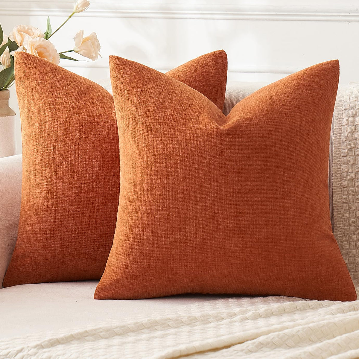MIULEE Olive Green Chenille Couch Throw Pillow Covers, 18x18 | Set of 2, Soft Modern Farmhouse Style, Decorative Pillowcases for Sofa Living Room Bed, Home Decor