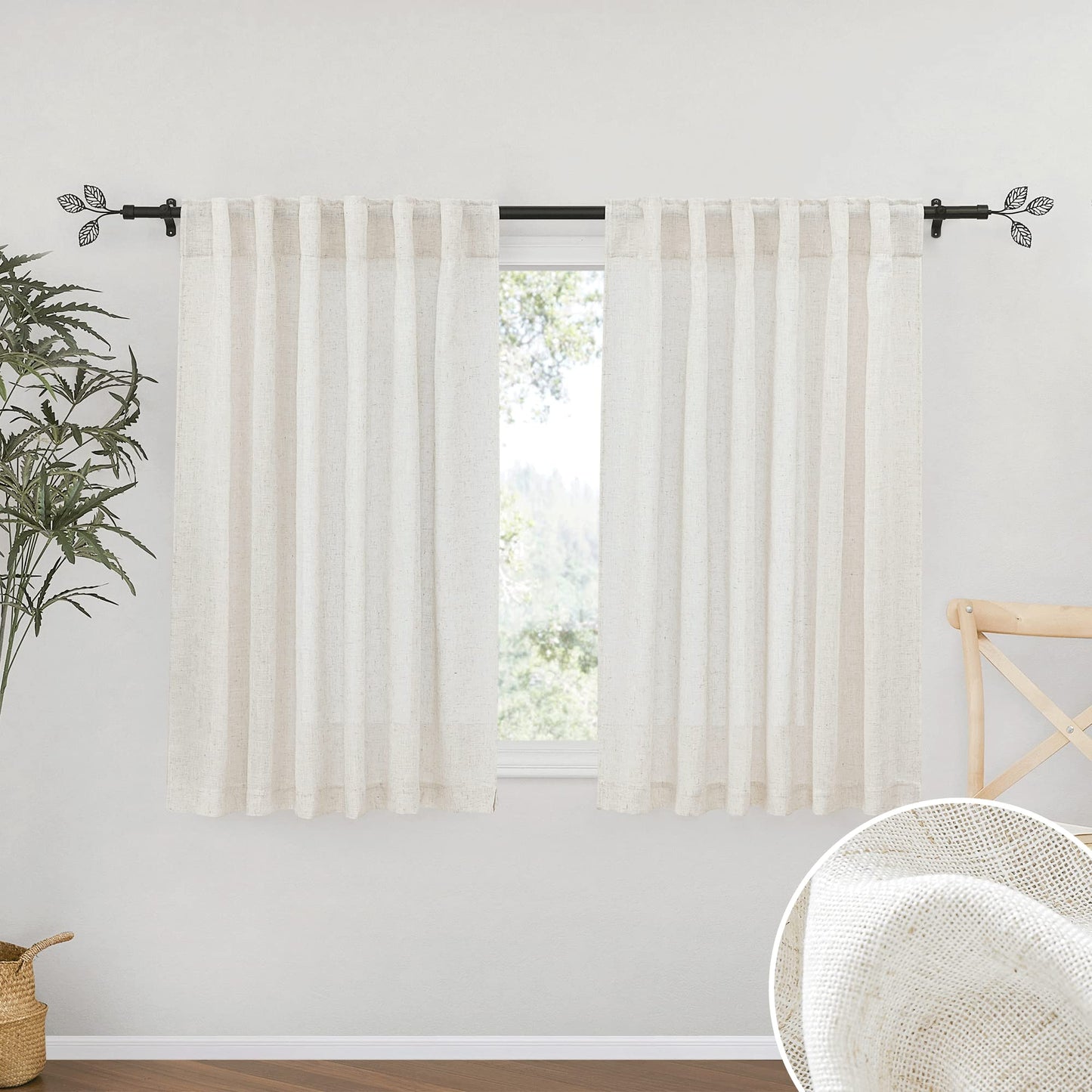 RYB HOME White Sheer Curtains for Living Room Patio Glass Door, W52 x L95 | Linen Texture, Light Filtering Privacy, Airy Translucent, Back Tab, Bedroom Office Balcony, W52 x L95, 2 Panels