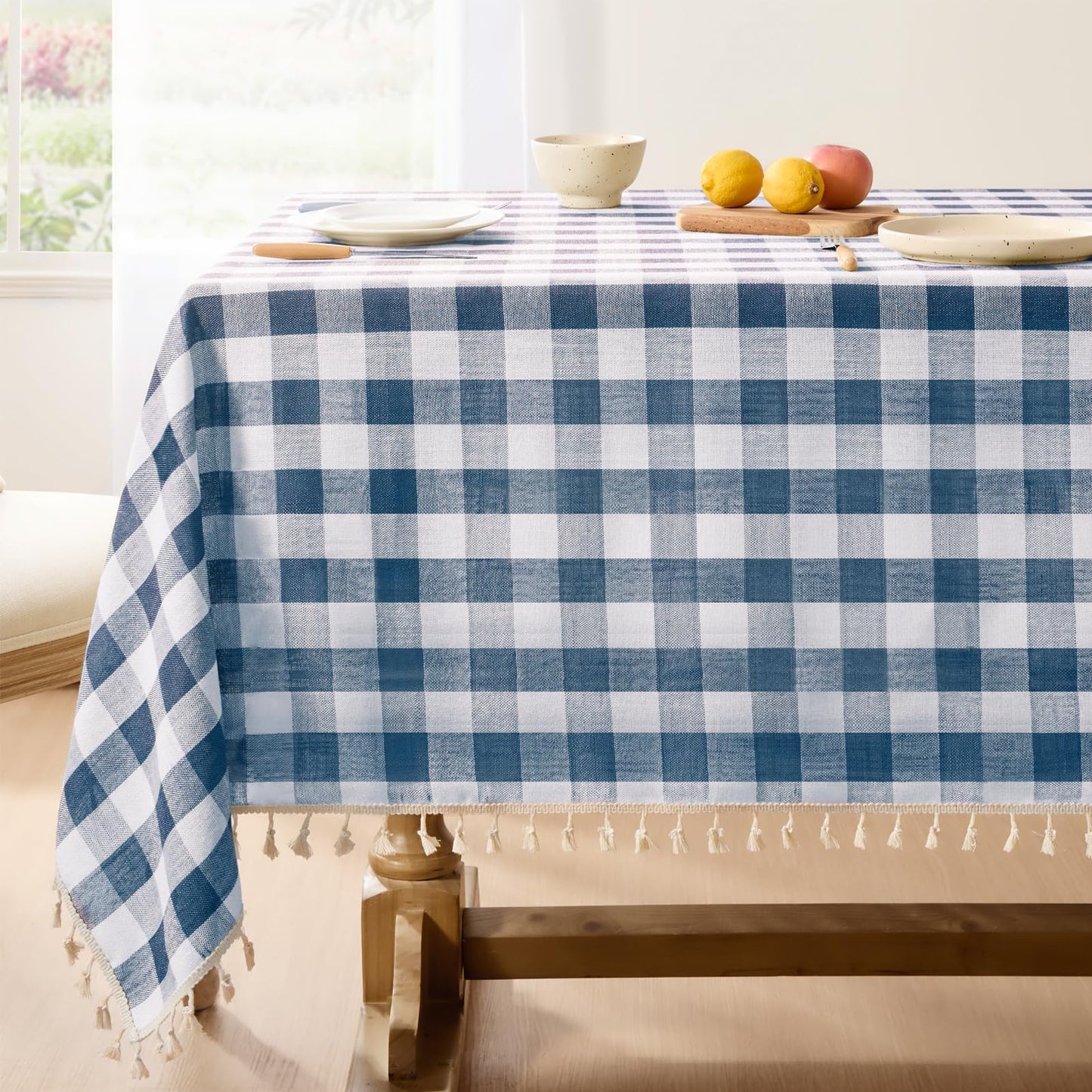 Softalker Outdoor Checkered Tablecloth, Linen Cotton Gingham Table Cloths for 6 Foot Rectangle Tables with Tassel, Heavy Duty Wrinkle Free Plaid Table Cover for Picnic Camping - 55 x 84 Inch, Sage