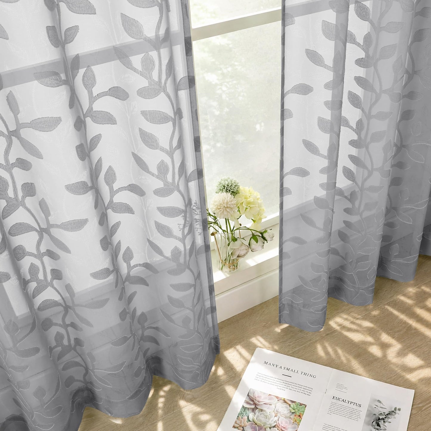 White Sheer Curtains 84 Inches Long - Light Filtering Leaf Jacquard Textured Semi Sheer Curtains, Rod Pocket Drapes for Living Room Bedroom 2 Panels Set, 2x37Wx84L Inches