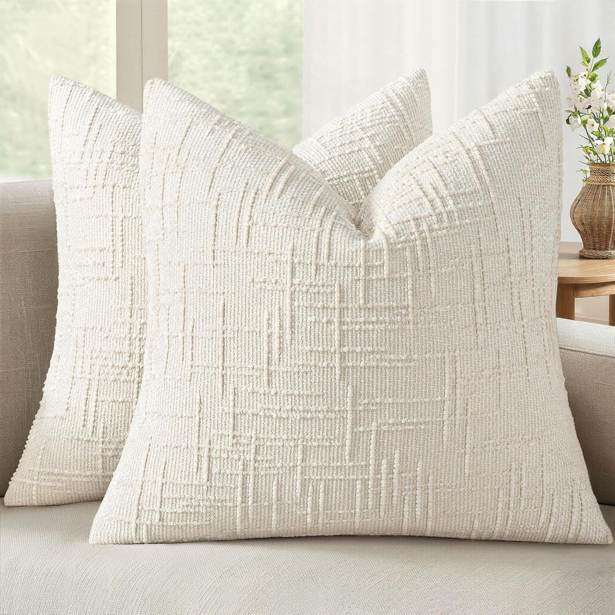 MIULEE Chenille Textured Throw Pillow Covers Cream White 18x18 Set of 2 | Slubby Decorative Pillows, Boho Farmhouse Home Decor, Modern Neutral Cushion Covers for Couch Sofa Bed Living Room