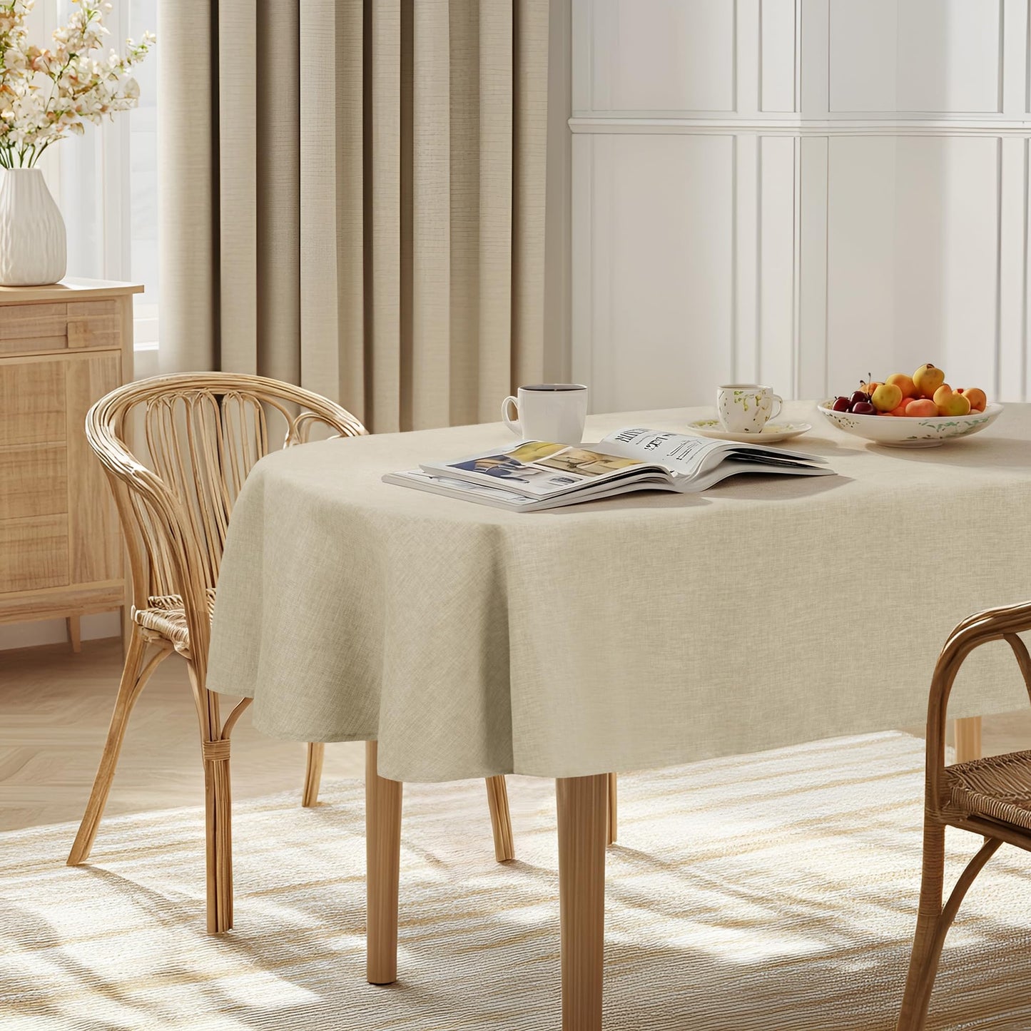 JIUZHEN Rectangle Table Cloth Faux Linen Farmhouse Tablecloth, Wrinkle and Stain Resistant Decorative Fabric Rectangular Spring Table Cover for Dining/Party/Birthday/Wedding, Beige, 54 x 80 Inch