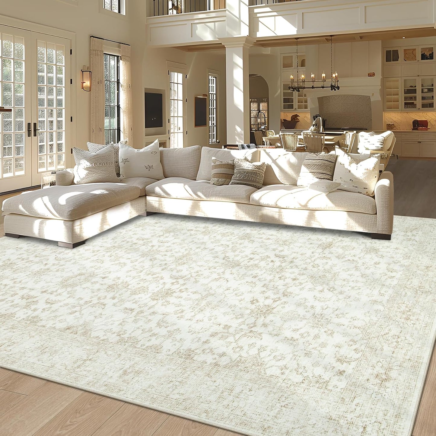 Tosuoka Area Rugs 9x12 Living Room Rug, Vintage Washable Rug Light Beige | Super Soft Bedroom Rug, Non-Slip Backing, Stain Resistant, Low-Pile, Large, Indoor Carpet for Dining Room Nursery Home Office