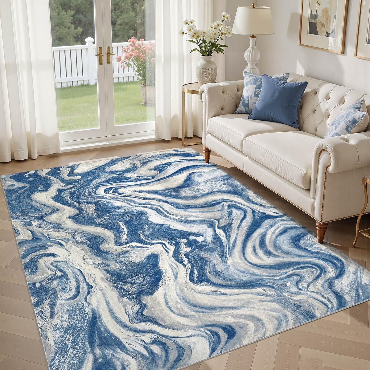 DMOYEST 8x10 Area Rug for Living Room Washable Abstract Indoor Carpet | Neutral Modern Low Pile Rugs Kid & Pet Friendly Large Soft Thin Carpet for Bedroom Dining Room - Grey Blue