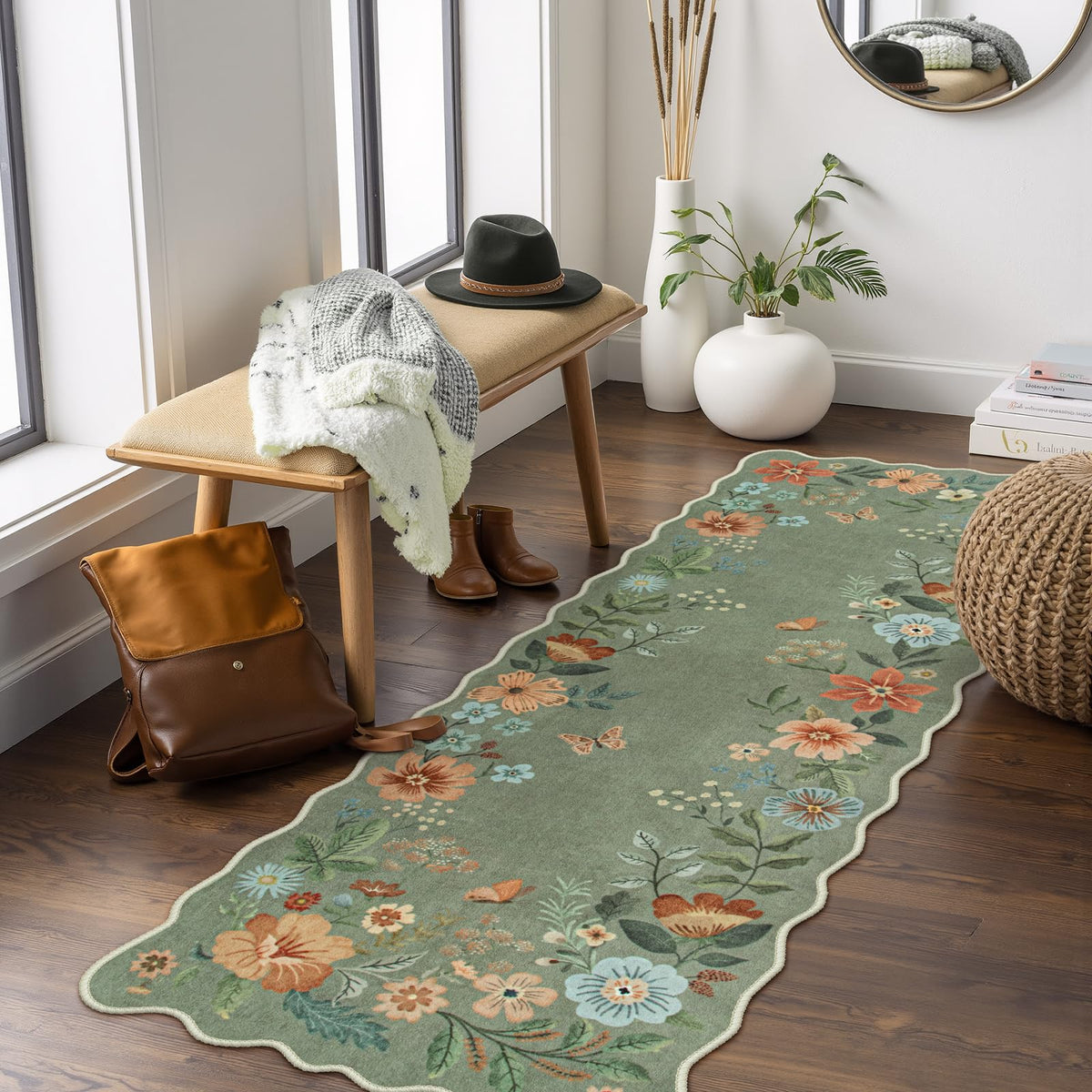 Lahome Floral Washable Living Room Rug, 5x7 Area Rugs for Bedroom Soft | Dining Room Rug Ultra-Thin Non Slip Stain Resistant Boho Low-Pile Throw Carpet for Office Flore (5x7ft, Beige)