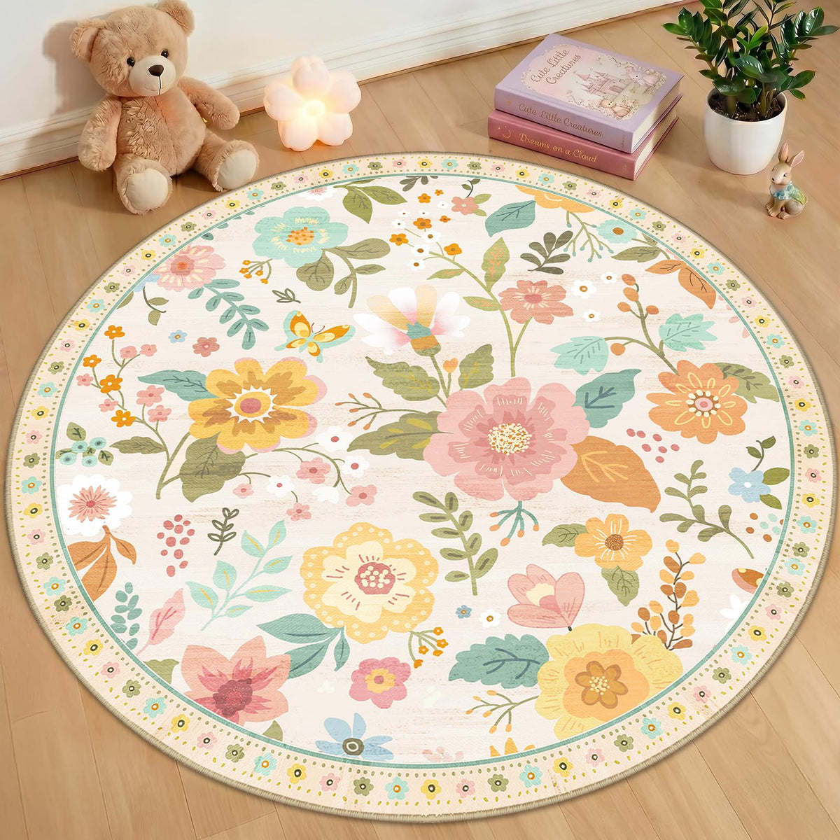 RELEANY Floral Washable 5x7 Area Rugs Beige/White/Orange | Flower Carpet, Print, Boho, Non-Slip, Easy to Clean, Soft, Low Pile for Living Room Bedroom Kitchen Office Entryway Hallway
