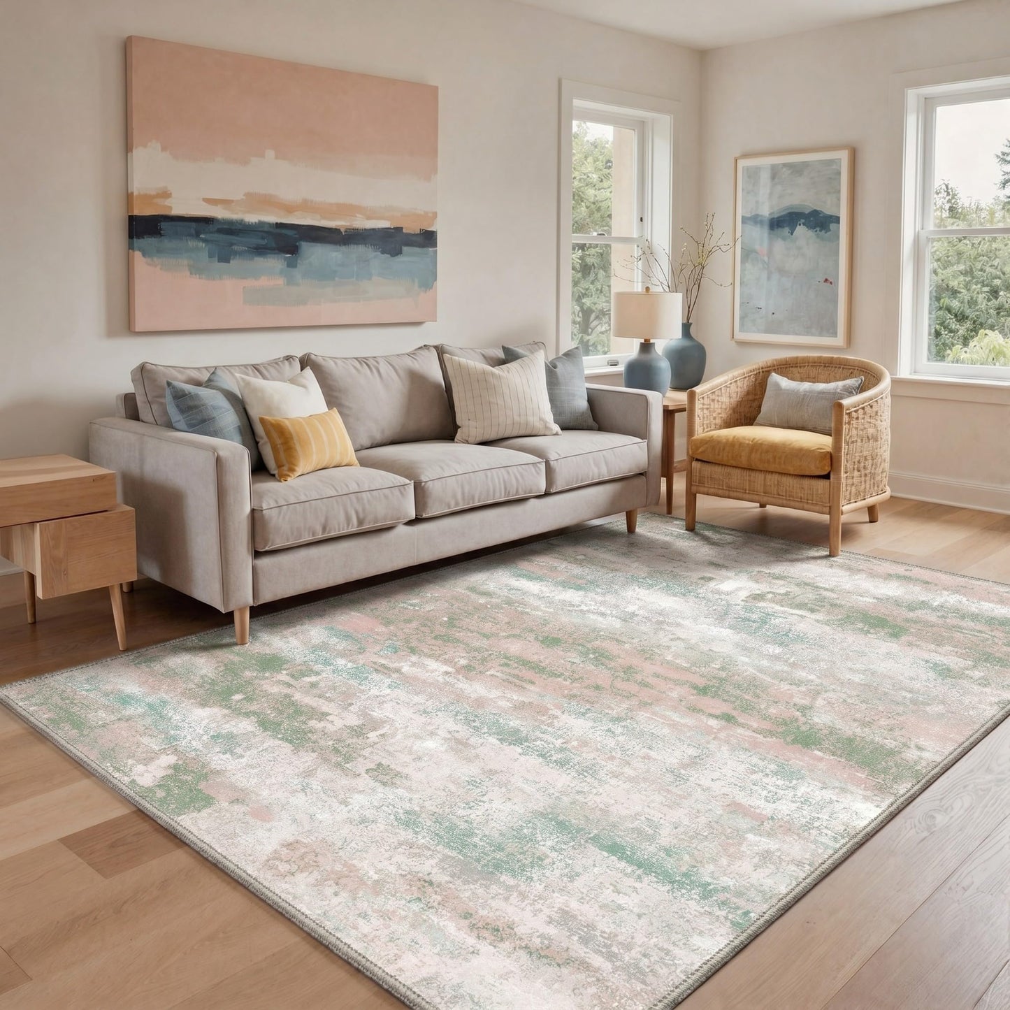 BEIMO 5x7 Green Abstract Area Rug, Washable Non-Slip for Bedroom | Soft Low-Pile Carpet, Lightweight and Easy to Vacuum, Sage Living Rooms, Dining Rooms, Bedrooms, and Home Offices