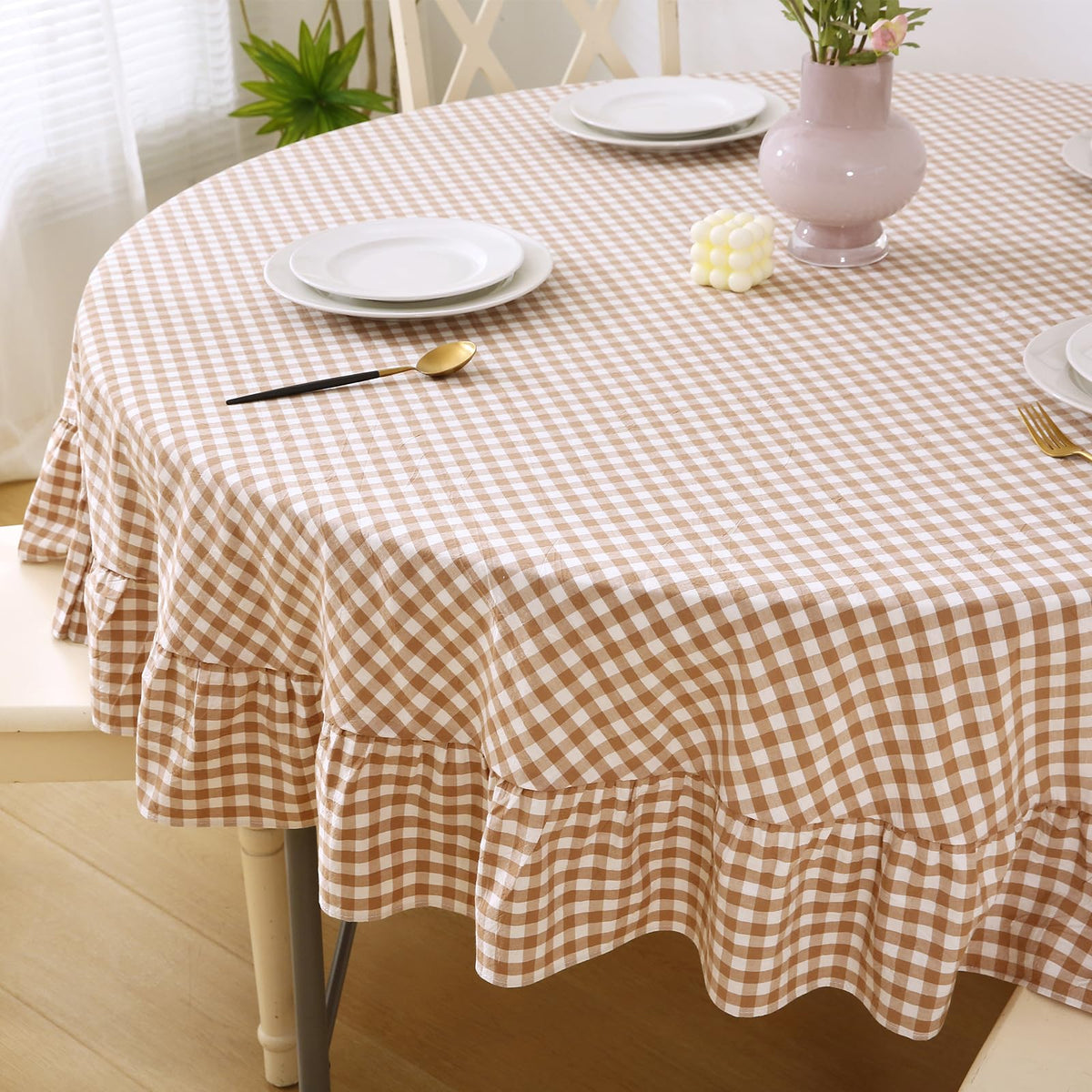 Blush White Gingham Ruffled Table Cloth Rectangular 120“x60” | 100% Washed Cotton, for Seat 8-10, Buffet Picnic Baby Shower Party Tablecloth, Decorative Checker Plaid Farmhouse Table Cover