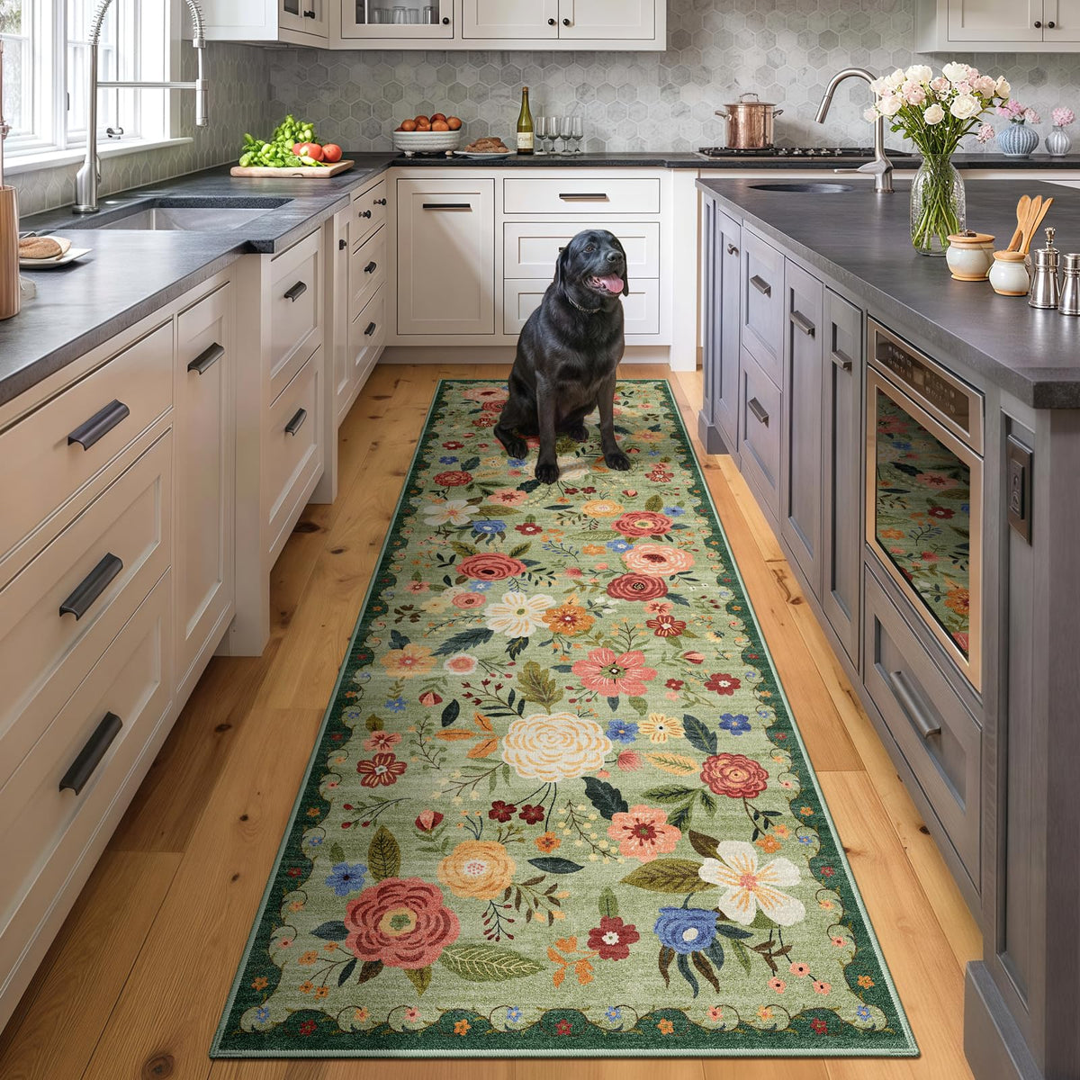 5x7 Washable Area Rug Green Boho Floral for Living Room Bedroom Nursery | Carpet for Dining Room, Soft Low-Pile Non-Slip Faux Wool, Farmhouse Indoor, Kid & Pet Friendly, Stain, Fade & Wear Resistant