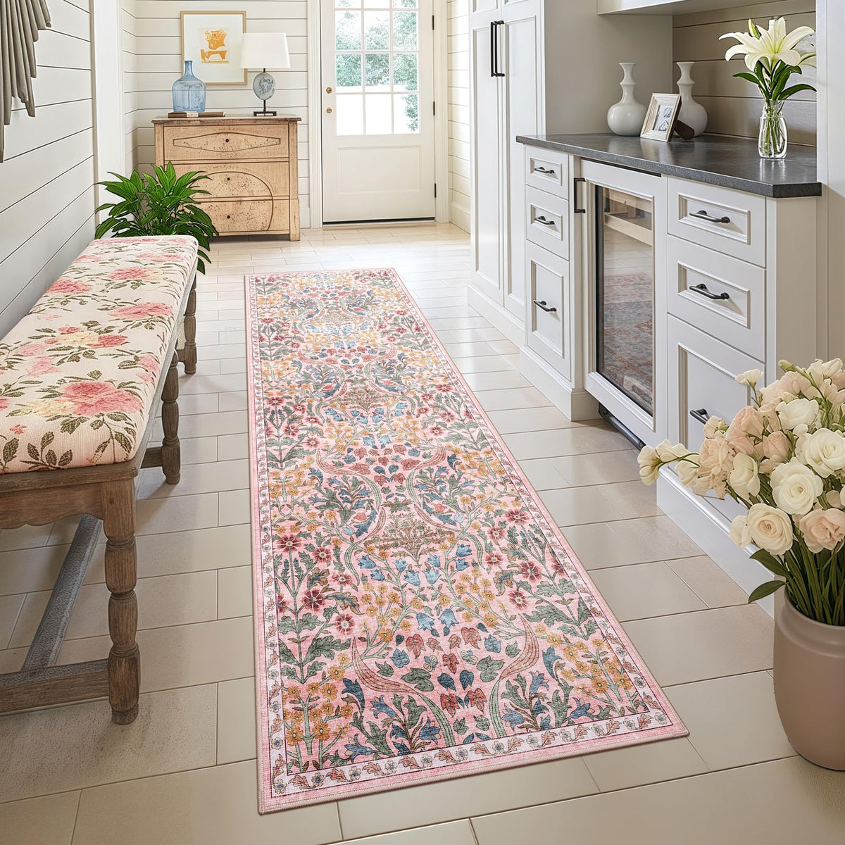 5x7 Washable Area Rug Green Boho Floral for Living Room Bedroom Nursery | Carpet for Dining Room, Soft Low-Pile Non-Slip Faux Wool, Farmhouse Indoor, Kid & Pet Friendly, Stain, Fade & Wear Resistant