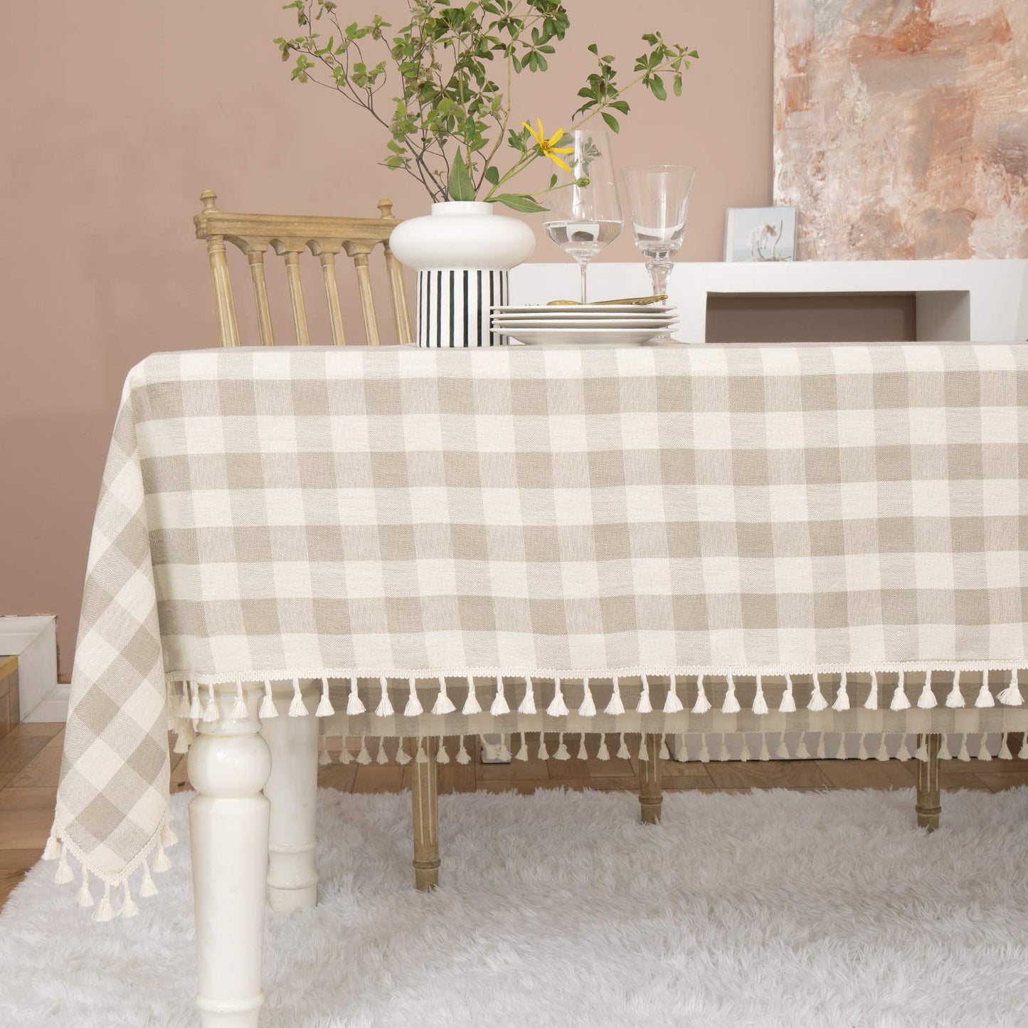 Midsummer Breeze Country Garden Green Gingham Tablecloth Rectangle 55”x84” | tassel, spring, easter, summer, picnic, outdoor, checkered, fresh, camping, Christmas, washable, wrinkle free, reusable