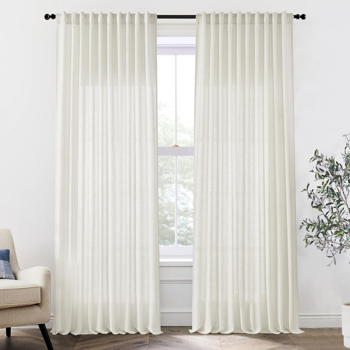 Linen Cotton Curtains for Living Room, Cream Off White Natural Fabric Light Filtering Semi Sheer Curtains 84 Inches Long, Ivory Pleated Farmhouse Curtain Drapes 84 Inch Length 2 Panels Set Dining Room
