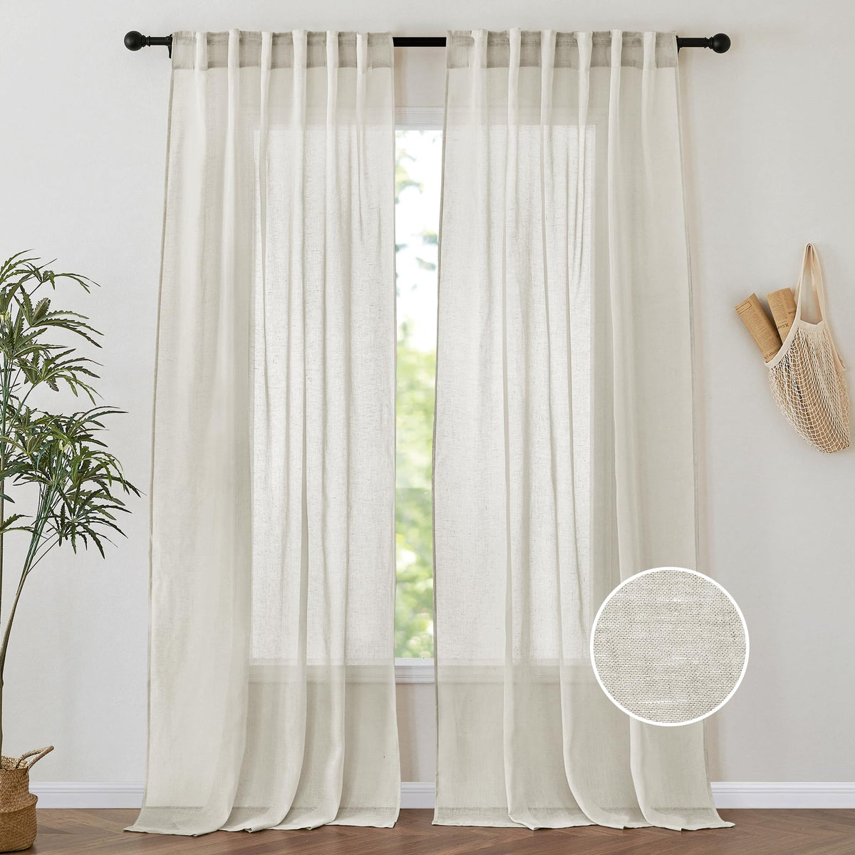 PONY DANCE White Sheer Curtains 96 inches Long, 2 Panels | Floor to Ceiling Curtains Living Room Window Treatments Natural Linen Blended Sheer Drapes for Bedroom, 52 Wide x 96 Long