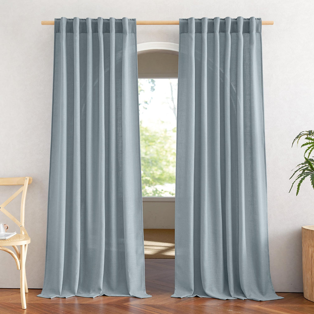 NICETOWN Flax Linen Curtains 84 inch Long, Rod Pocket & Back Tab Semi Sheer Vertical Drapes Privacy Added with Light Filtering for Bedroom/Living Room, Burlap, W52 x L84, 2 Pieces