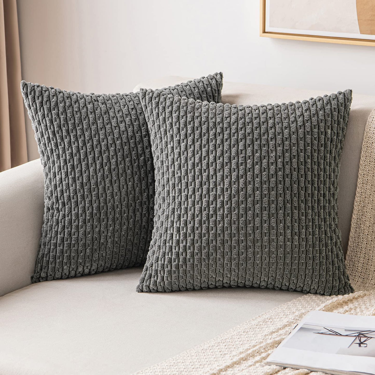 MIULEE Decorative Throw Pillow Covers 18x18 Sage Green Textured Corduroy | Pack of 2 Striped Pillow Covers Modern Farmhouse Home Decor for Couch Bed Sofa Living Room