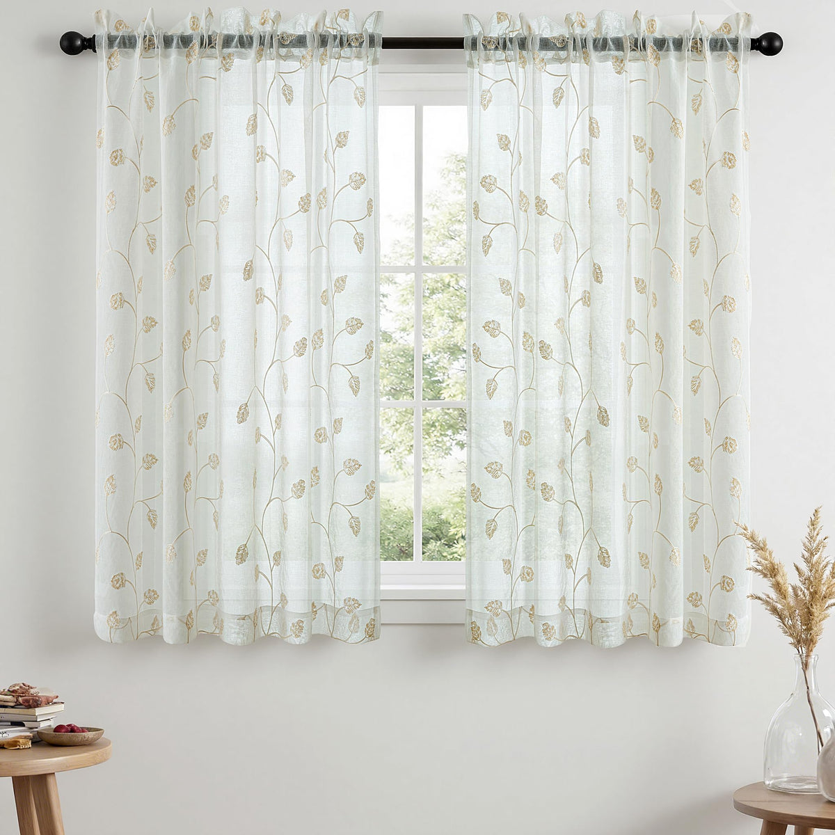 Sheer Curtains Boho Leaf Floral Embroidered Cream Beige 54Wx84L | Light Filtering Semi Sheer Voile Curtains With Design, Rod Pocket Window Drapes for Bedroom Living Room 2 Panels