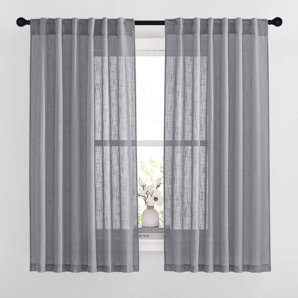NICETOWN Flax Linen Curtains 84 inch Long, Rod Pocket & Back Tab Semi Sheer Vertical Drapes Privacy Added with Light Filtering for Bedroom/Living Room, Burlap, W52 x L84, 2 Pieces
