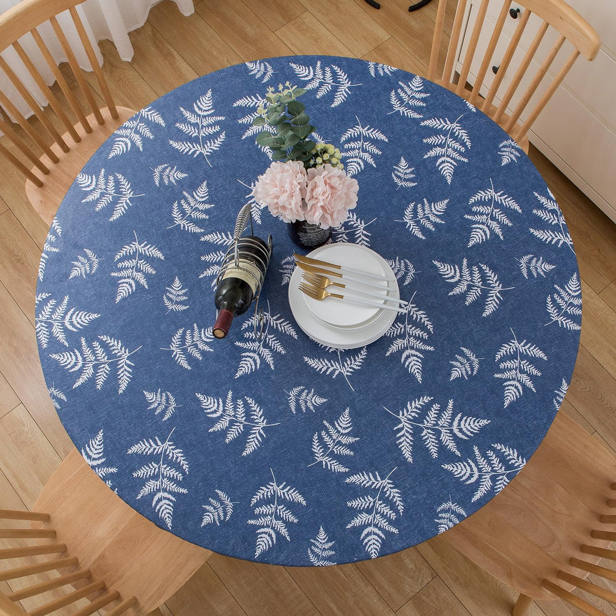 Pioggia Round Vinyl Fitted Tablecloth with Flannel Backing Elastic Table Cloth Waterproof Oil-Proof Plastic Table Cover Best for 45"-56" Round