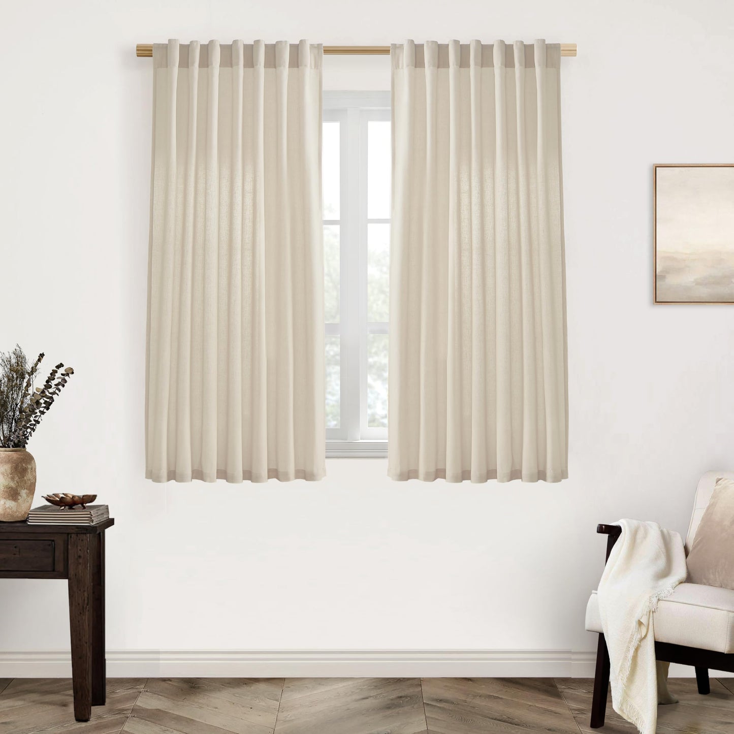 Linen Cotton Curtains for Living Room, Cream Off White Natural Fabric Light Filtering Semi Sheer Curtains 84 Inches Long, Ivory Pleated Farmhouse Curtain Drapes 84 Inch Length 2 Panels Set Dining Room