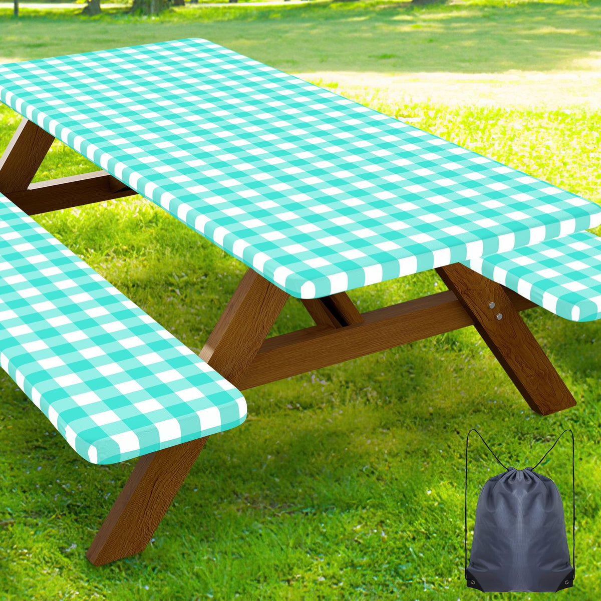 Smiry 6FT Picnic Table Cover with Bench Covers, Elastic Fitted Tablecloth | Waterproof Washable Rectangle Tablecloths ,Buffalo Plaid Tablecloth for Dining, Camping, Outdoor (Black & White, 30" x 72")