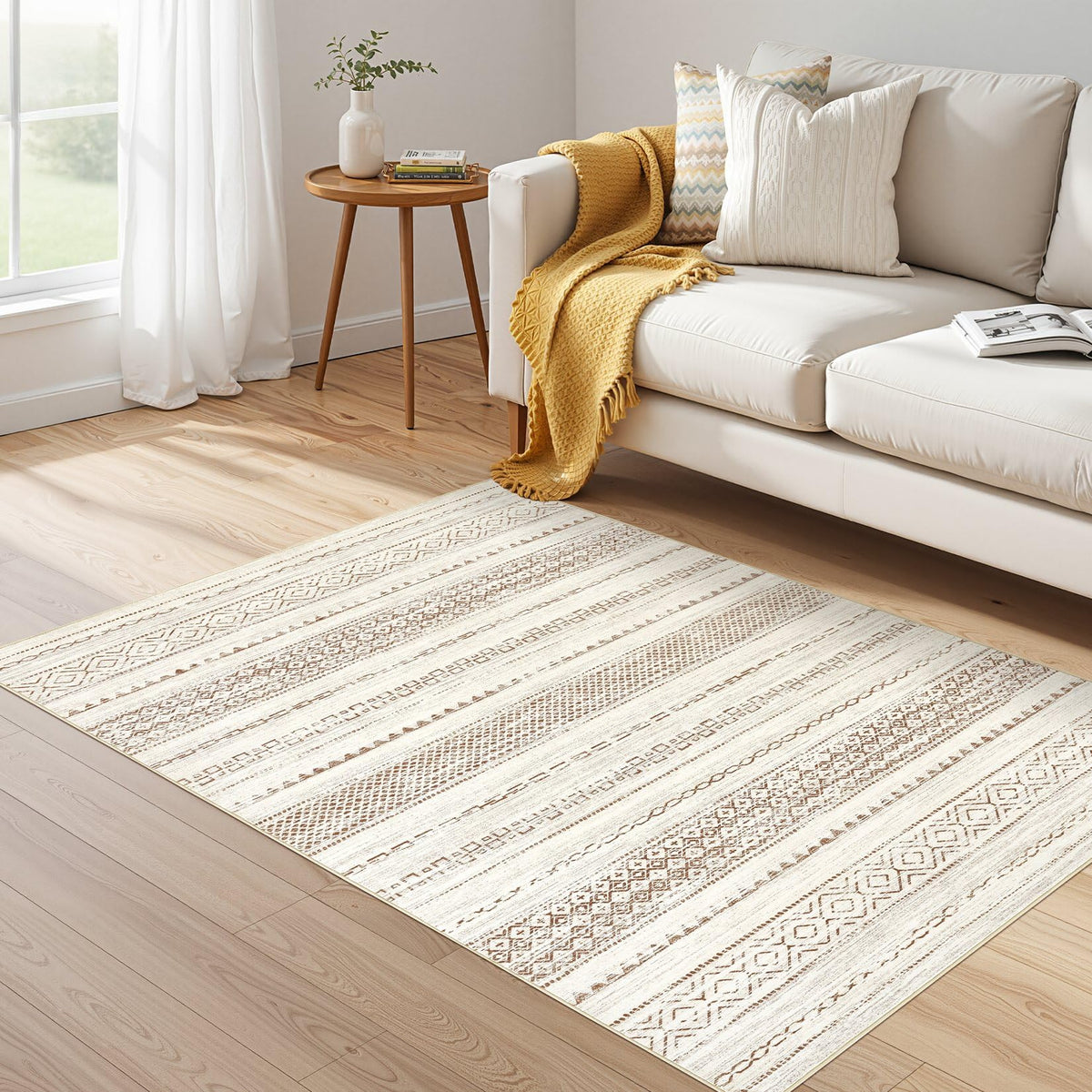 Nakagishi Boho 5x7 Area Rug Living Room Rugs Machine Washable Beige/Brown | Soft, Pet & Kid Friendly, Carpet for Living Room/Bedroom/Office/Kitchen/Nursery, Daily Home Decor Stain Resistant Moroccan