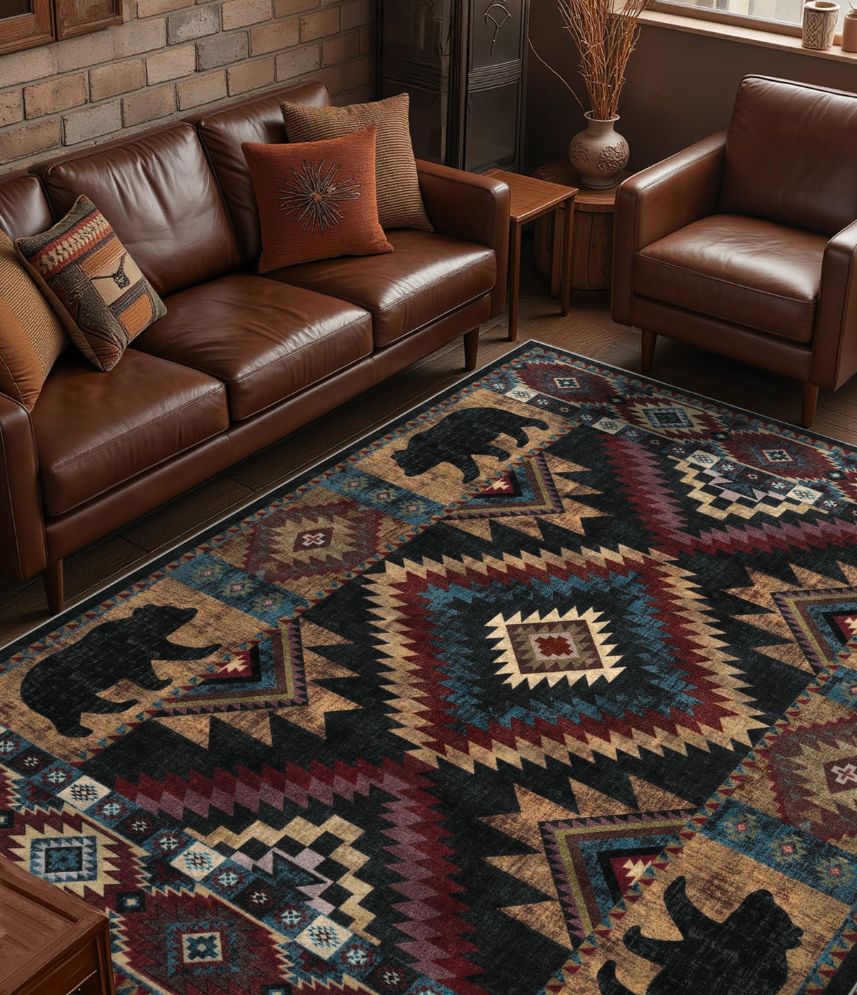 Rustic Cabin Area Rug 5x7,Machine Washable Lodge Bear Rug,Non-Slip Low Pile Print Pattern Southwestern Rug for Living Room Bedroom