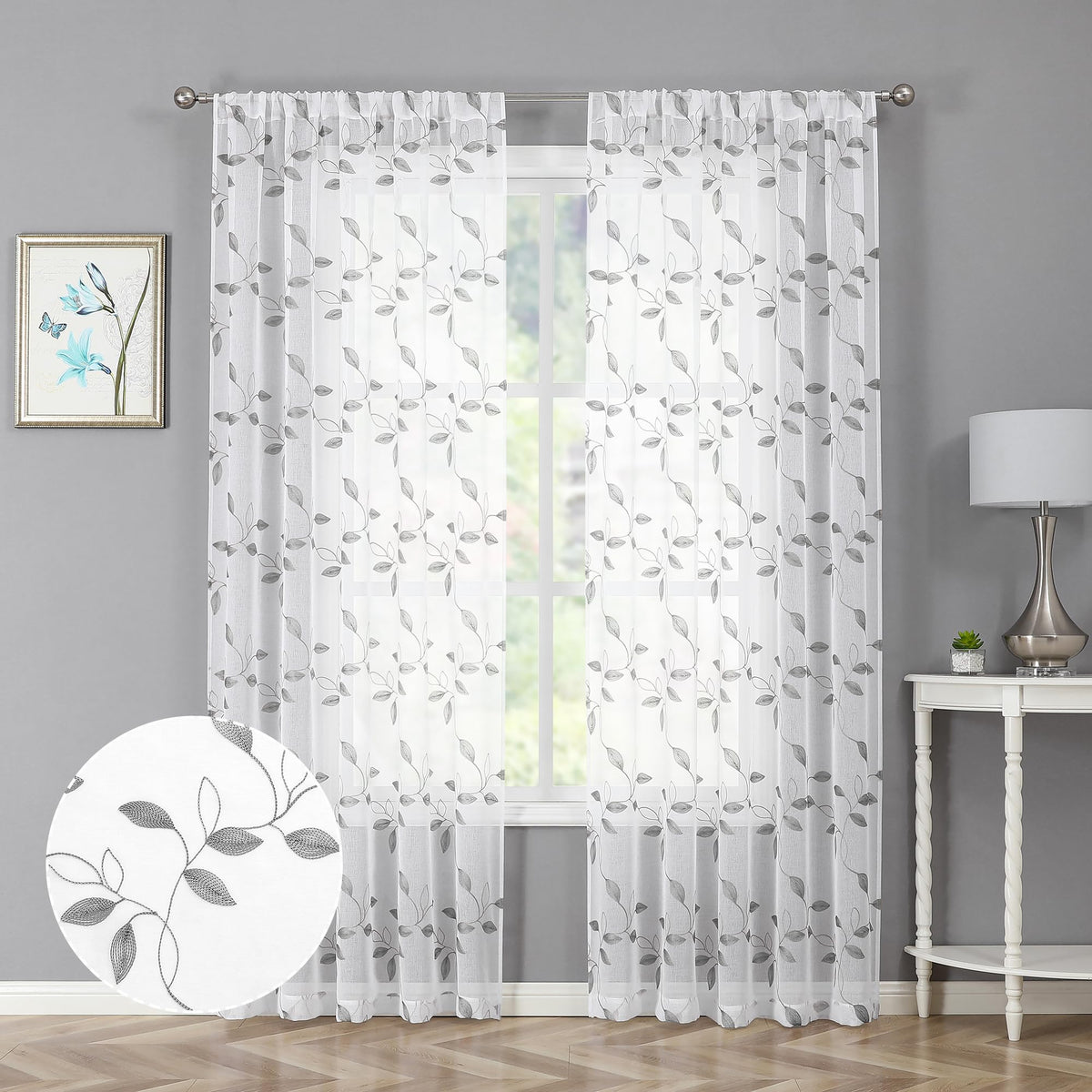 Tollpiz White Leaf Sheer Curtains Bedroom 54 x 84 Inches | Leaves Embroidered Curtain Rod Pocket Voile Window Treatment for Living Room, Set of 2 Panels