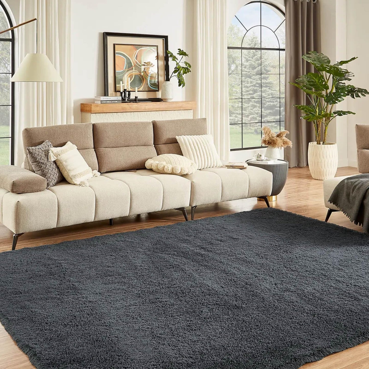 Floralux Rugs for Living Room, 6x9 Large Shag Area Rug, Tie-Dyed Light Grey Soft Fluffy Carpets for Bedroom
