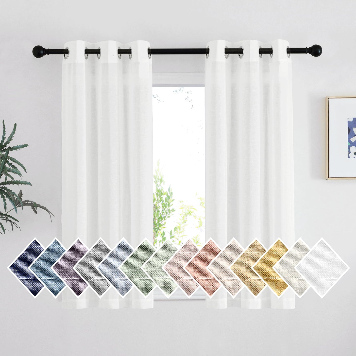 NICETOWN White Sheer Linen Curtains for Living Room 84 inch Length 2 Panels Set, Grommet Semi Sheer Privacy with Light Filtering Flax Window Treatments for Bedroom, W52 x L84